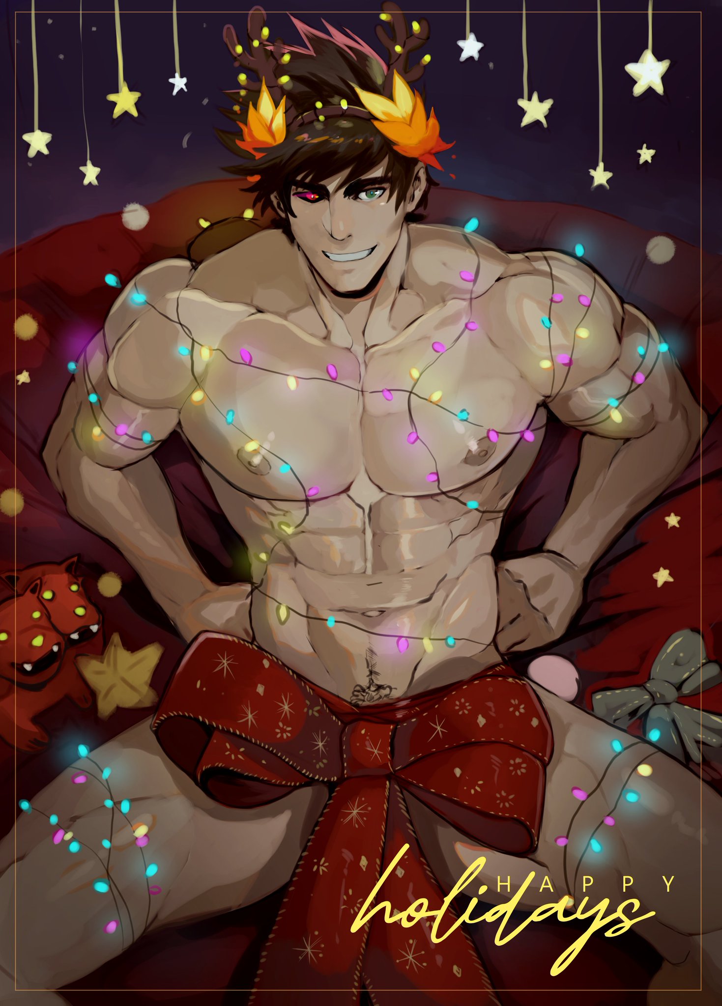 1boy, bare chest, black hair, bow on penis, christmas, christmas lights, covering crotch, english text, gifting self, grin, hades (game), heterochromia, laurel crown, looking at viewer, male, male only, mismatched pupils, muscular, nude, nude male, penis, playful, pubic hair, red ribbon, robokeh, seductive, smile, solo, supergiant games, twunk, yaoi, zagreus