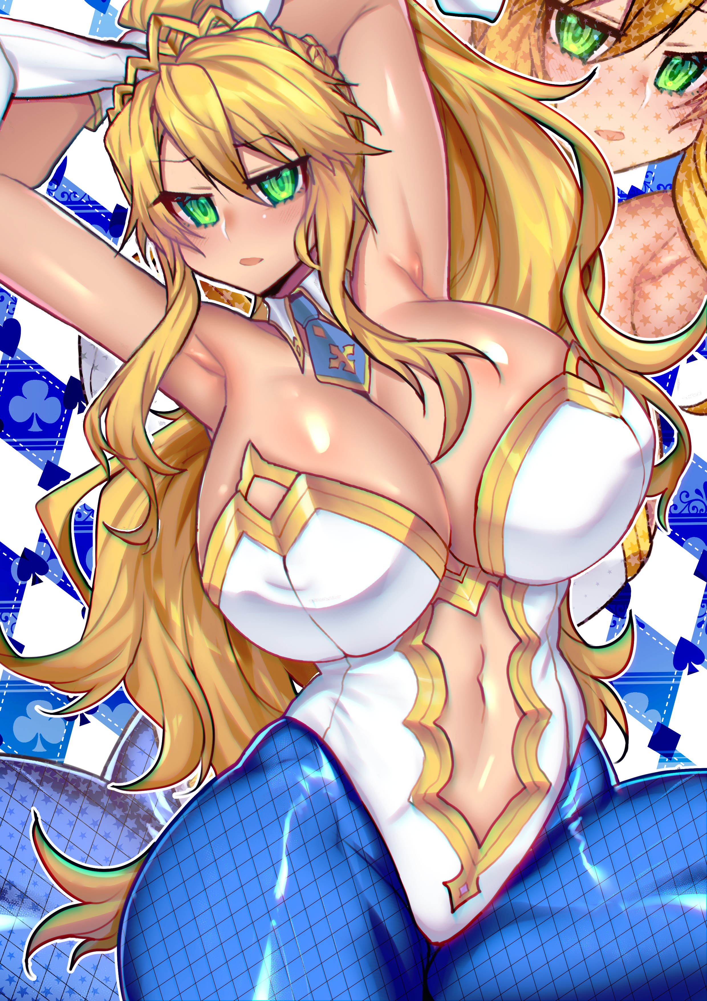 1girls, artoria pendragon, artoria pendragon (lancer), artoria pendragon (swimsuit ruler), big breasts, big thighs, blonde hair, breasts, bunny ears, bunny girl, bunnysuit, busty, cleavage, fate (series), fate/grand order, female, female only, green eyes, hands behind head, huge breasts, huge thighs, large breasts, large thighs, navel, osiimi, solo, solo female, thick thighs, thighs, voluptuous