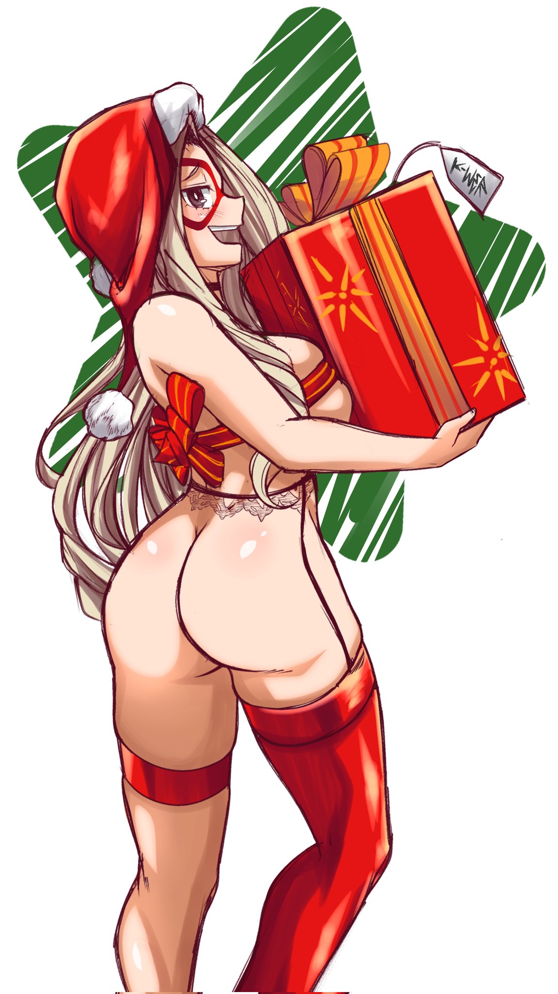 ass, ass focus, ass up, big ass, big butt, blonde female, blonde hair, butt focus, christmas, christmas hat, christmas outfit, female, female focus, female only, gift, gift box, gift wrapped, gift wrapping, huge ass, huge butt, kaw3r, mount lady, my hero academia, open mouth, solo, solo female, solo focus, yuu takeyama