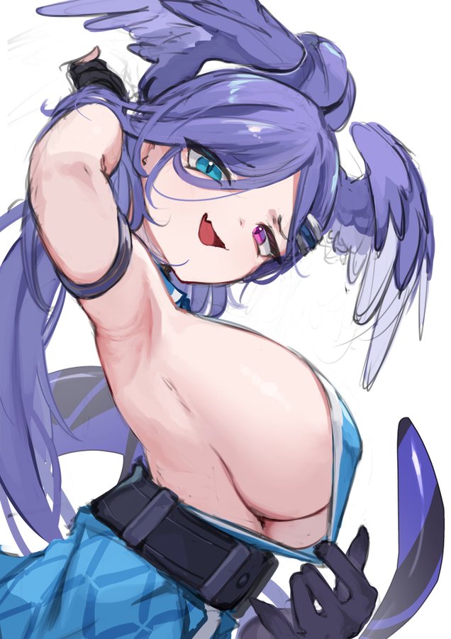 1girls armpits arms_up barely_contained barely_contained_breasts belt big_breasts blue_eyes dragon_arm dragon_tail female flesh_fang hair_wings head_wings heterochromia jknor light_blue_eyes light_skin long_hair looking_at_viewer nijisanji nijisanji_en one_arm_behind_head one_arm_up open_mouth pink_eyes purple_hair purple_skin purple_tail selen_tatsuki selen_tatsuki_(2nd_costume) showing_off side_view sideboob smile striped_tail tail underboob virtual_youtuber vtuber white_background