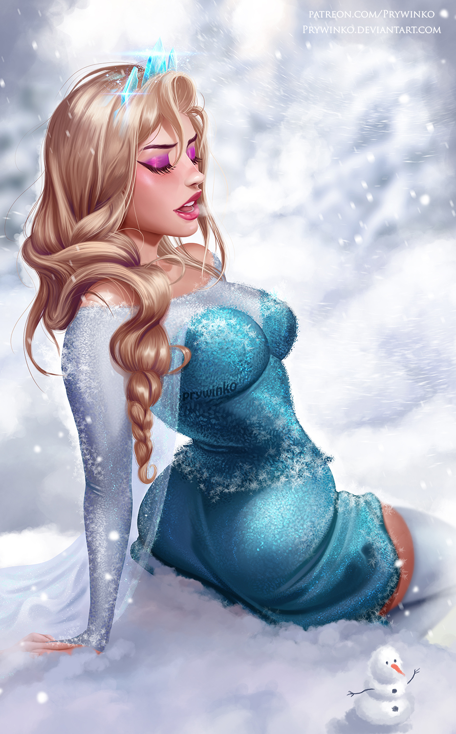 2022, blonde hair, braid, braided hair, breath cloud, clothing, condensation, disney, disney channel, dress, elsa (frozen), eyes closed, eyeshadow, female, frozen (film), highres, long hair, makeup, prywinko, seductive look, small breasts, snow, stockings, tight clothing