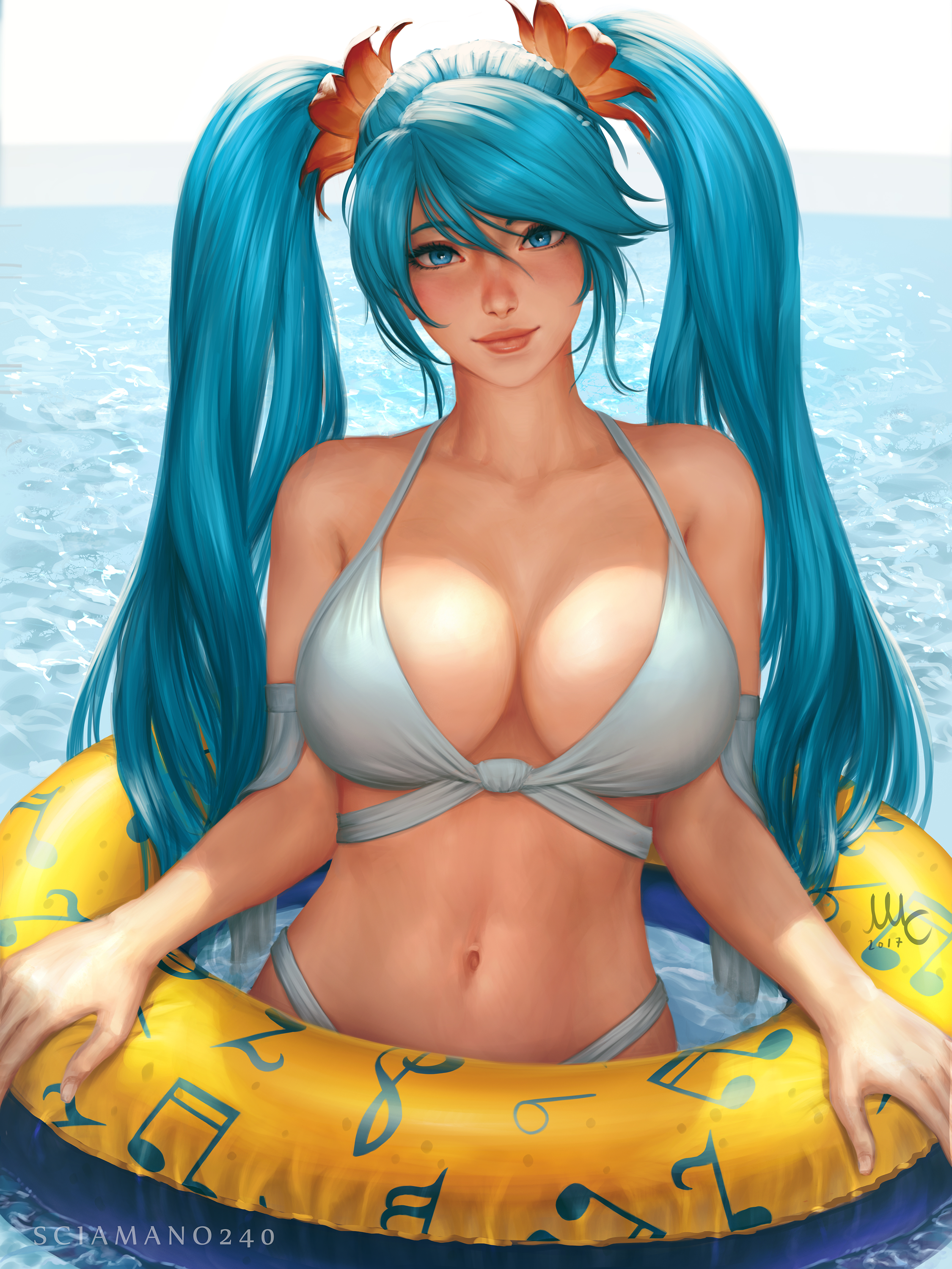 1girls, bare shoulders, beach, big breasts, bikini, blue eyes, blue hair, breasts, cleavage, female, female only, large breasts, league of legends, looking at viewer, riot games, sciamano240, smile, solo, solo female, sona buvelle, twintails