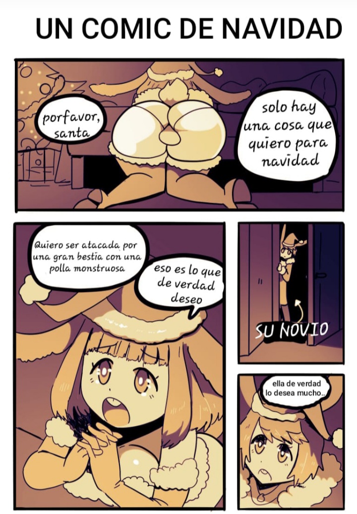 2022 4_panel_comic 5:7 cheating cheating_girlfriend christmas christmas_clothing christmas_hat cuckold hasselnut looking_at_another looking_up netorare ntr original prayer_hands praying spanish spanish_dialogue spanish_text sunny_(wolfgang_bang) tommy_(wolfgang_bang) translated twitter wolfgang_bang