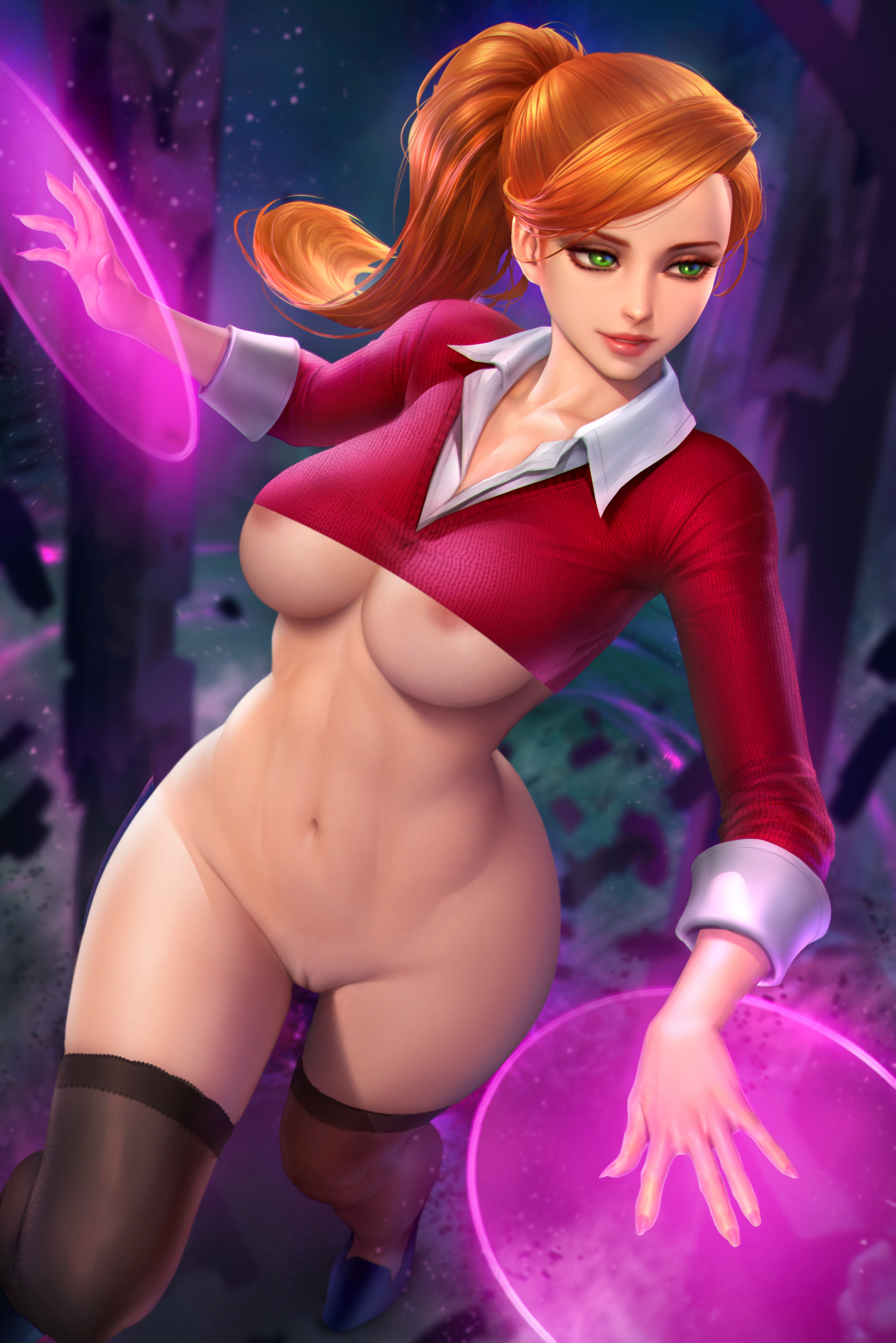 1girls, ben 10, ben 10 alien force, boobs, bottomless, breasts, cartoon network, cut-off top, edited, female, female only, green eyes, gwen tennyson, gwen tennyson (alien force), hartman hips, hourglass figure, large breasts, long sleeves, looking away, neoartcore, nudtawut thongmai, pussy, red hair, shaved pussy, slim waist, solo, thick thighs, thighhighs, uncensored, underboob, visible areolae, wide hips