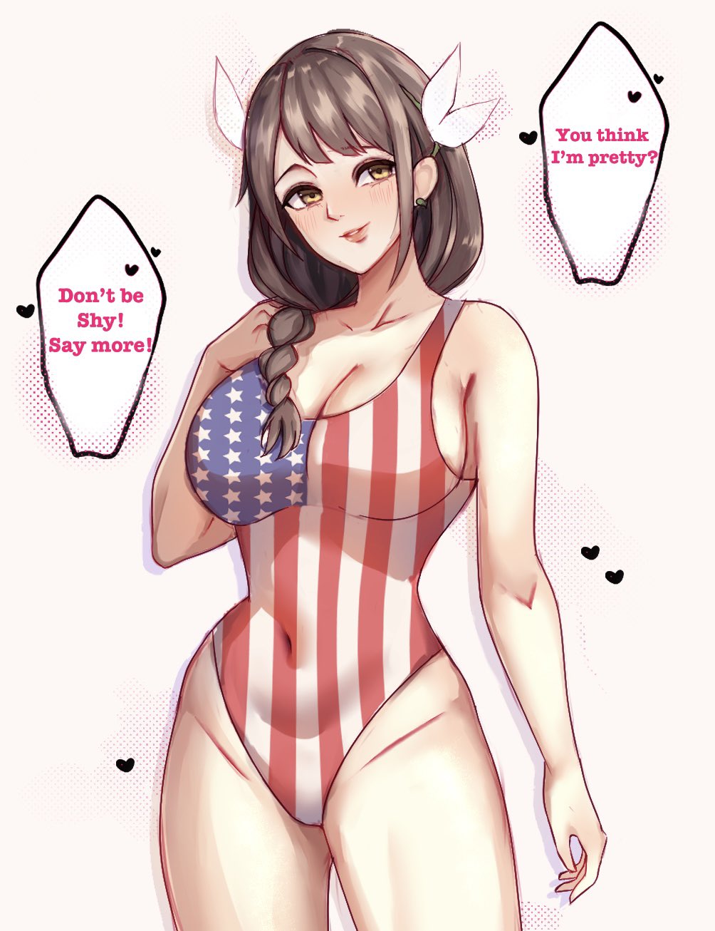 1girls, 4th of july, alien (incelianna), alternate costume, ass visible through thighs, bangs, bare thighs, begging for more, braid, braided ponytail, breasts, brown hair, cleavage, english text, female, female only, fire emblem, fire emblem engage, goldmary (fire emblem), hair over shoulder, hourglass figure, large breasts, medium hair, nintendo, one-piece swimsuit, praise, side ponytail, sideboob, smile, solo, text, thighs, yellow fur