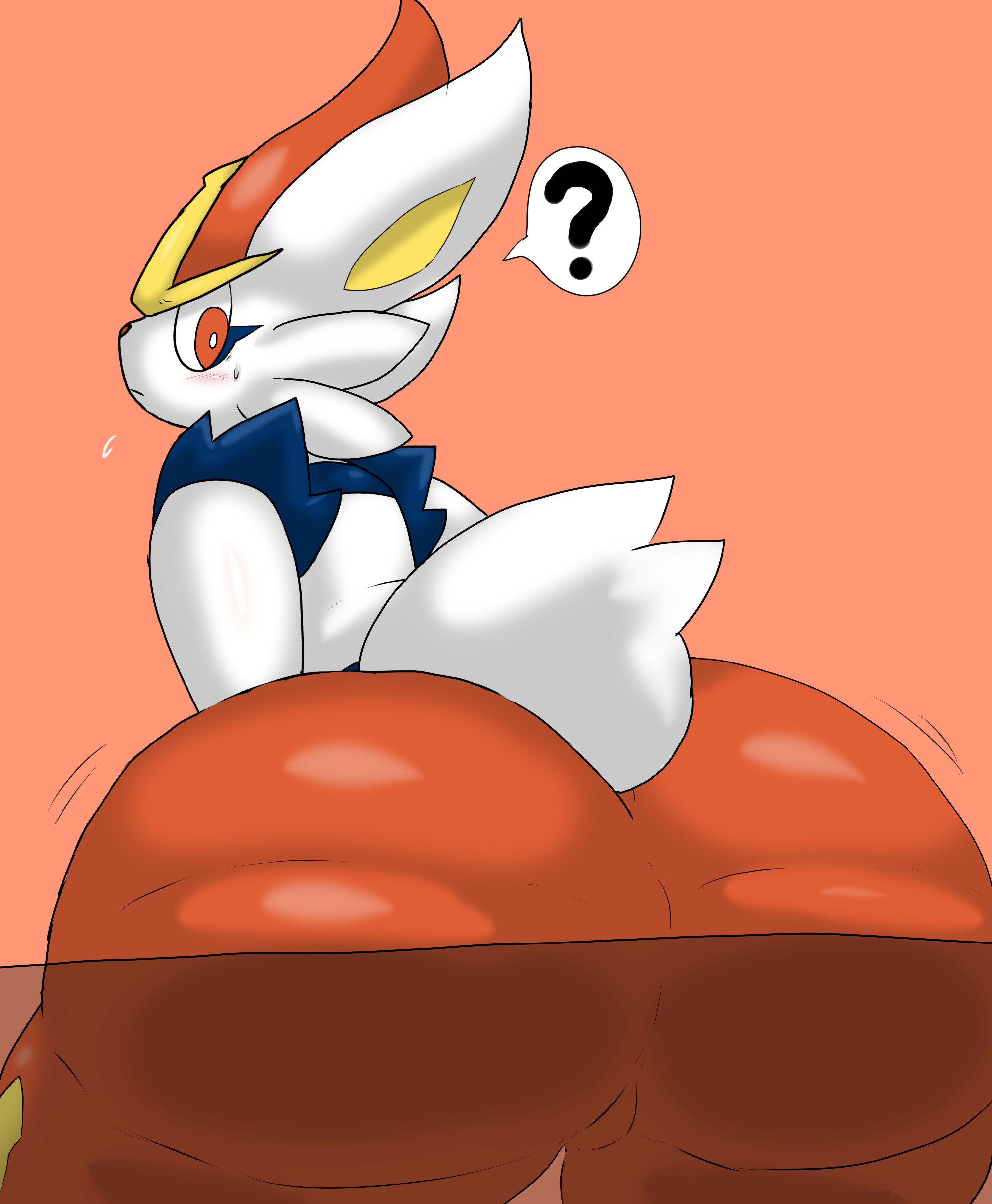 ?, 1girls, anthro, ass, ass focus, big ass, cinderace, confused, enigi09, female, female only, fur, furry, furry only, generation 8 pokemon, looking back, nintendo, pokémon (species), pokemon, pokemon (species), question mark, sitting, solo, tail
