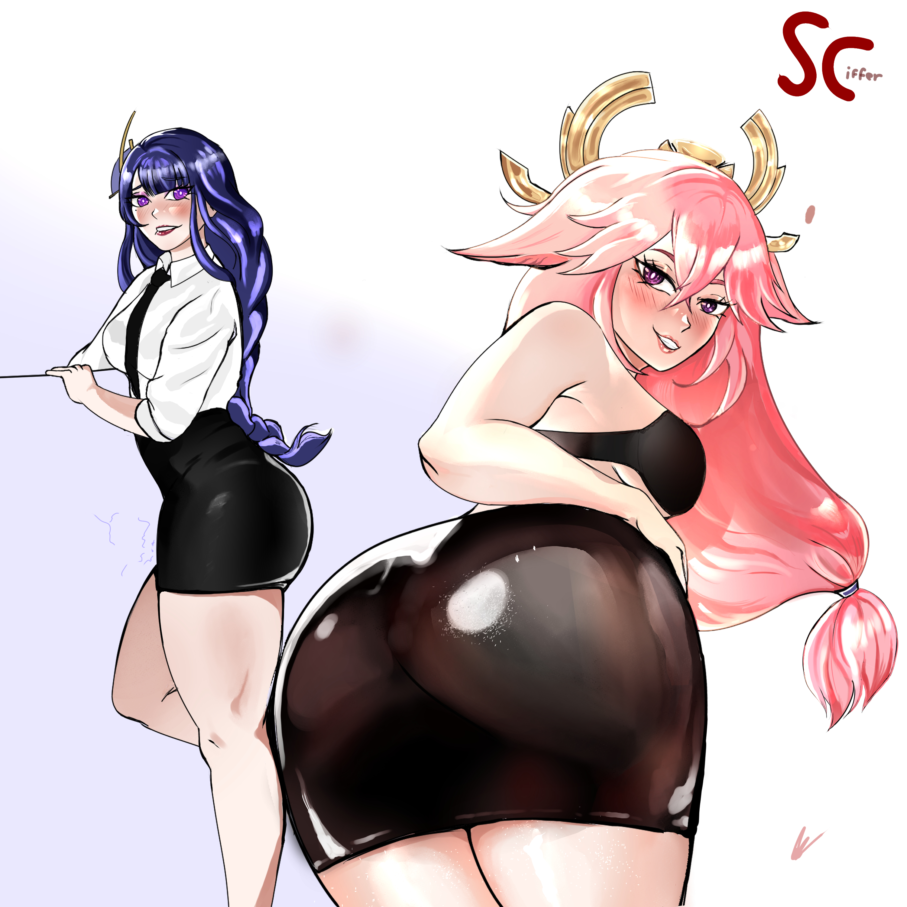 ass, ass focus, female, genshin impact, raiden shogun, scifferalter, skirt, yae miko