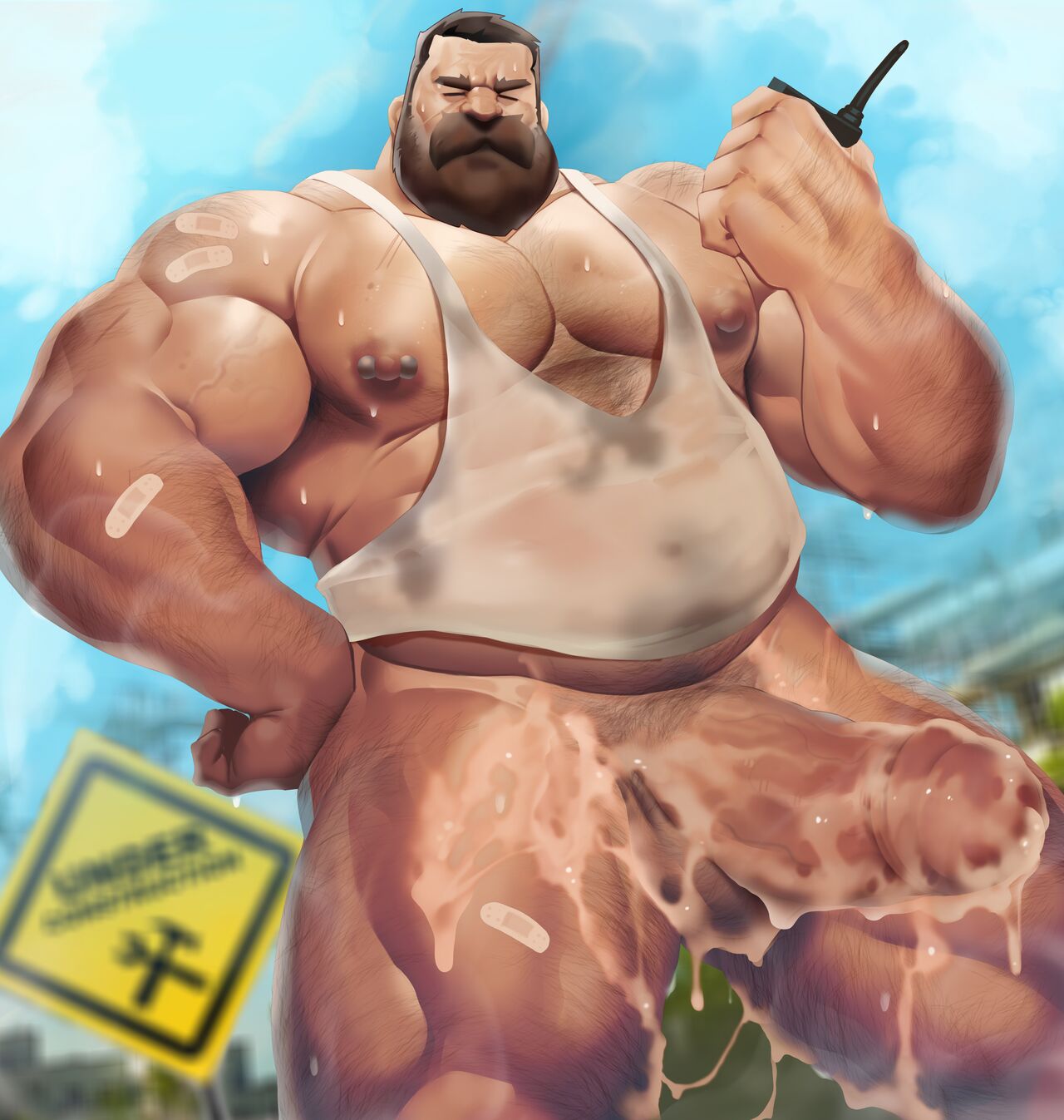 bara, beard, big penis, boner, cum, cum dripping from penis, cum on penis, dirty clothing, dripping cum, dsharp k, erection, excessive precum, huge cock, hyper, hyper penis, male, male only, muscular, muscular male, musk, nipple piercing, nipples, penis, piercing, precum, precum on penis, solo, solo male, sweat, sweating, tank top, yaoi