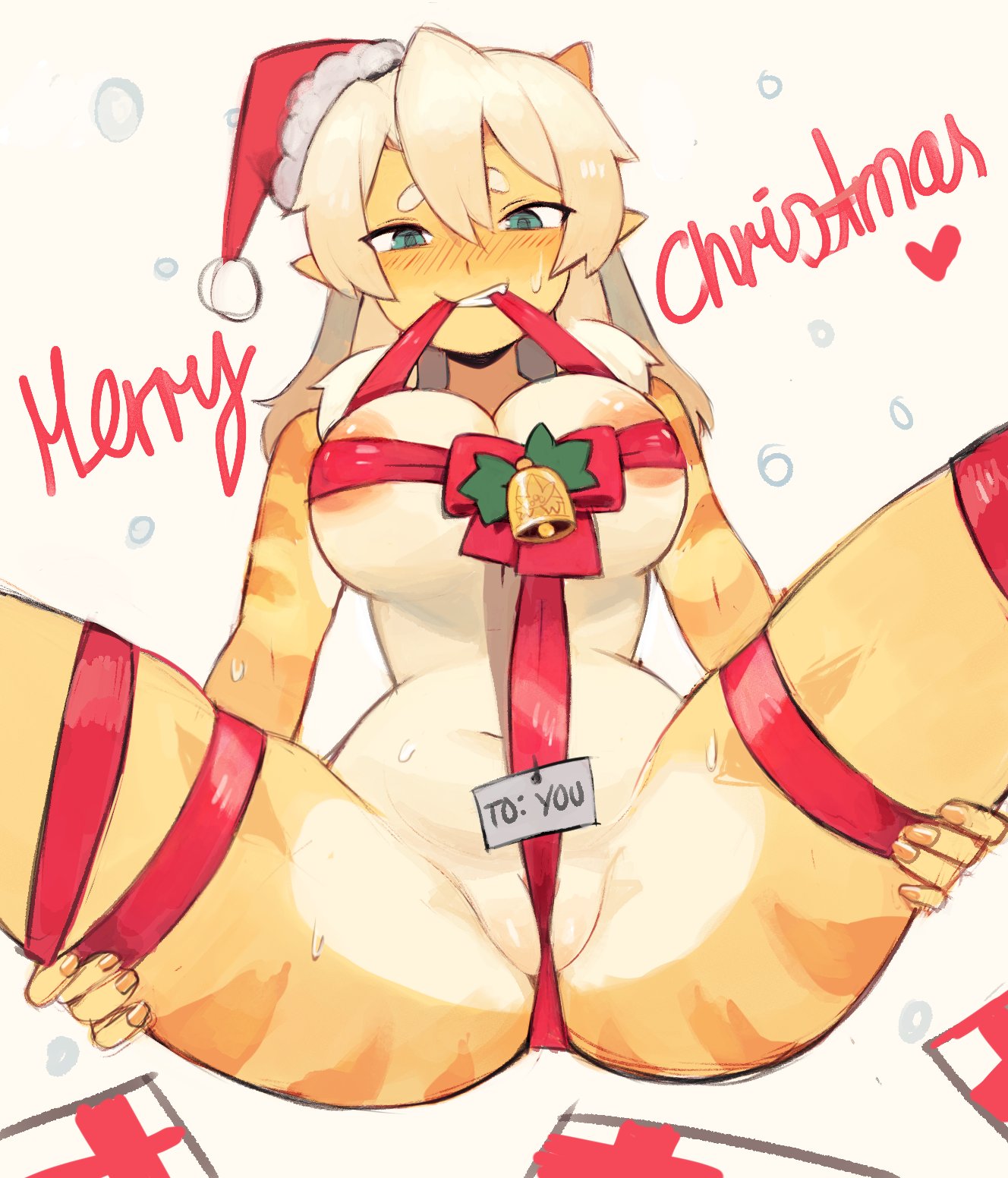 1girls, areolae, ayu (suizilla), blue eyes, blush, bondage, breasts, christmas, english text, fangs, female, female only, large breasts, legs apart, legs held open, legs spread, merry christmas, naked, nipple bulge, nipples, nude, nude female, oni, oni female, oni horns, orange body, pointy ears, presenting, pussy, pussy lips, pussy peek, ribbon, ribbon bondage, ribboned body, solo, solo female, spread legs, spreading, suizilla, sweat, sweating, text, tied up, tiger print, white background, white hair, wrapped
