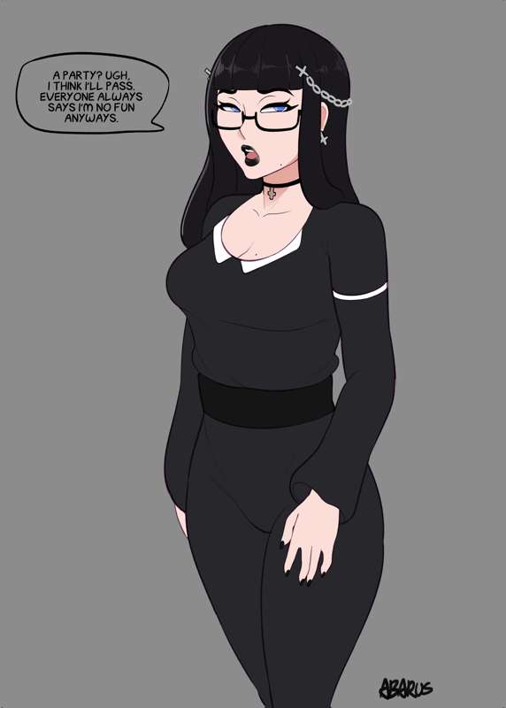 abarus, bimbofication, black hair, black lipstick, blue eyes, breasts, choker, cleavage, earrings, female, glasses, goth