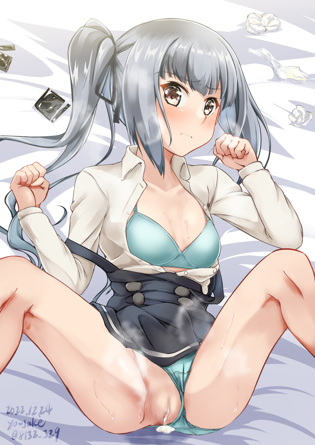 after_sex after_vaginal aqua_bra aqua_panties black_dress black_ribbon blush bra breasts brown_eyes clothed_after_sex clothing_aside collared_shirt condom condom_wrapper cum cum_in_pussy cumdrip dress female grey_hair hair_ribbon highres kantai_collection kasumi_(kantai_collection) kasumi_kai_ni_(kantai_collection) long_sleeves lying on_back panties panties_aside partially_unbuttoned pinafore_dress ribbon shirt side_ponytail sleeveless sleeveless_dress small_breasts solo spread_legs underwear used_tissue white_shirt yo-suke