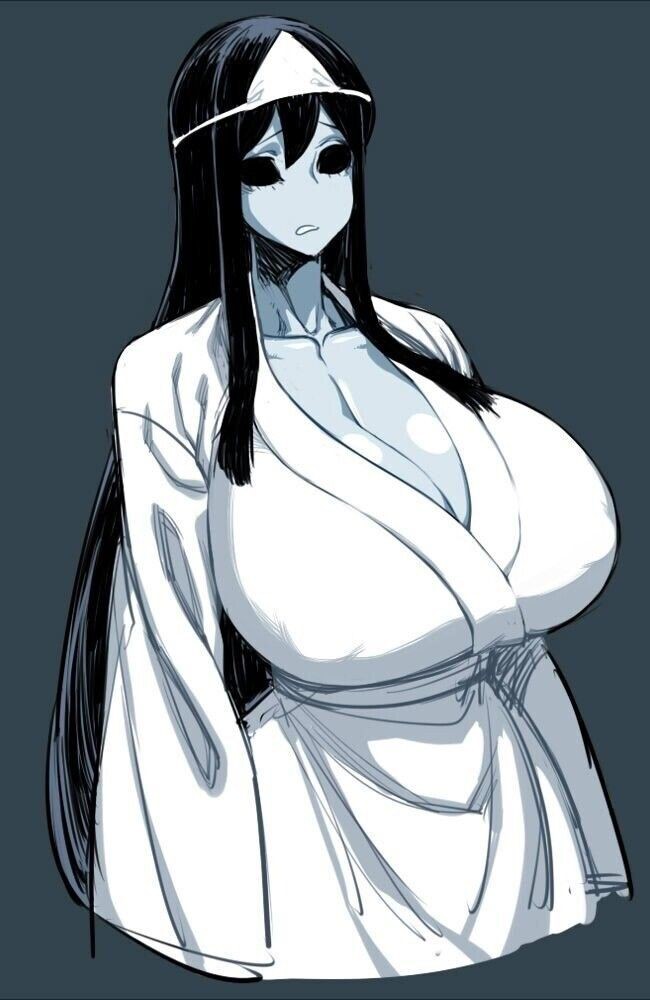 1girls, big breasts, black hair, blue skin, breasts, cleavage, cute, female, ghost, ghost girl, huge breast, huge breasts, large breasts, long hair, massive breasts, original, original character, shiny breasts, solo, solo female, spacezin, tagme, triangular headpiece, white clothing, white dress
