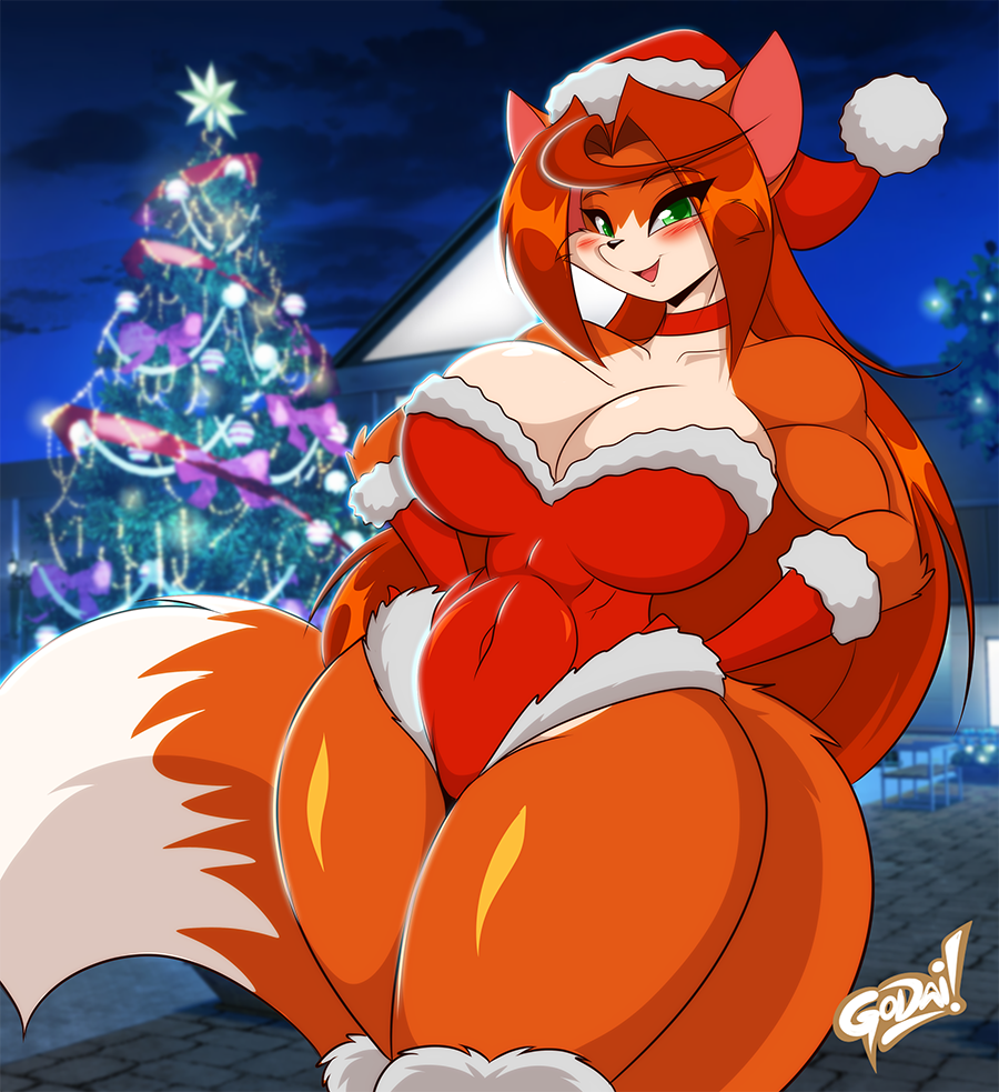 1girls 2022 anthro breasts christmas cleavage female female_only fox furry huge_breasts long_hair looking_at_viewer mastergodai muscular_female orange_fur rascals santa_hat solo takari_(mastergodai) thick_thighs wide_hips