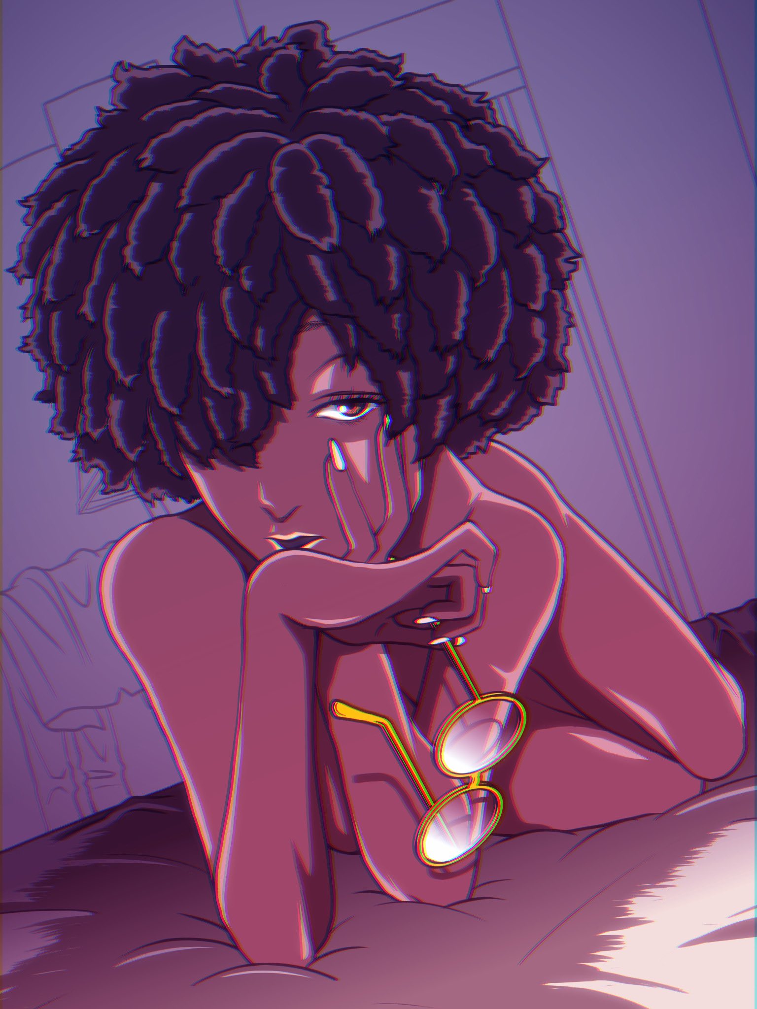 afro black_hair black_skin brown_eyes dark-skinned_female dark_skin doctor_slone female fortnite glasses hair_over_one_eye holding_glasses laying_on_bed looking_at_viewer nude_female on_bed one_eye_obstructed seductive seductive_look solo solo_female treadman1999