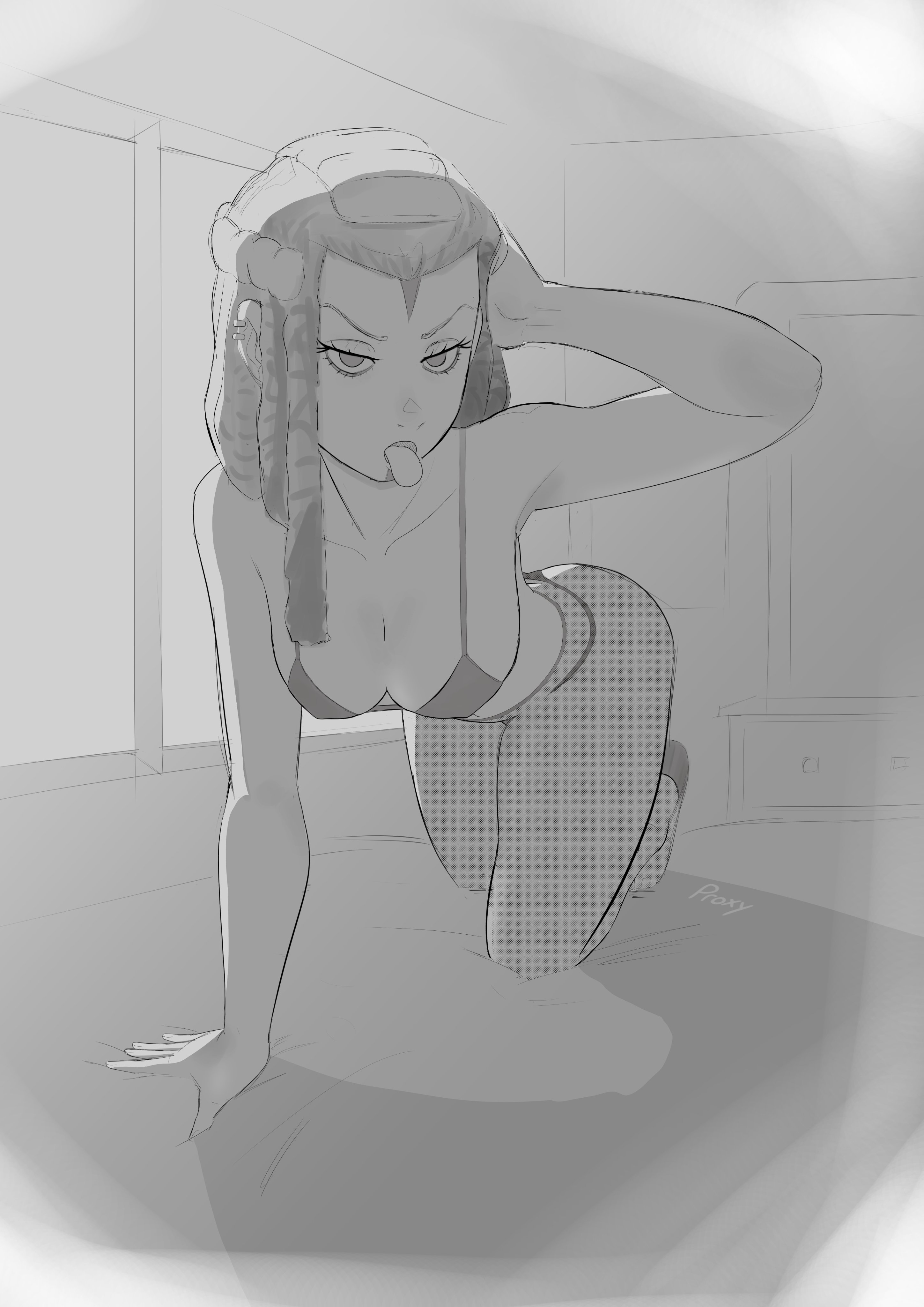 1girls, bra, dreadlocks, ermes costello, female, female focus, female only, jojo's bizarre adventure, looking at viewer, on bed, proxyone, solo, solo female, stone ocean, tongue, tongue out