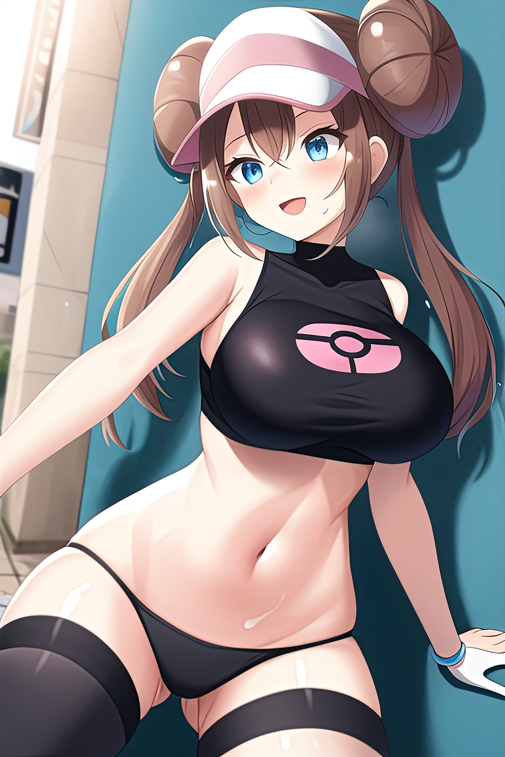 1girls, ai generated, alternate breast size, blue eyes, blush, breasts, brown hair, female, huge breasts, large breasts, light skin, light-skinned female, long hair, nai diffusion, nintendo, pokemon, pokemon bw2, rosa (pokemon), slim waist, stable diffusion, thick thighs, twin buns, twintails