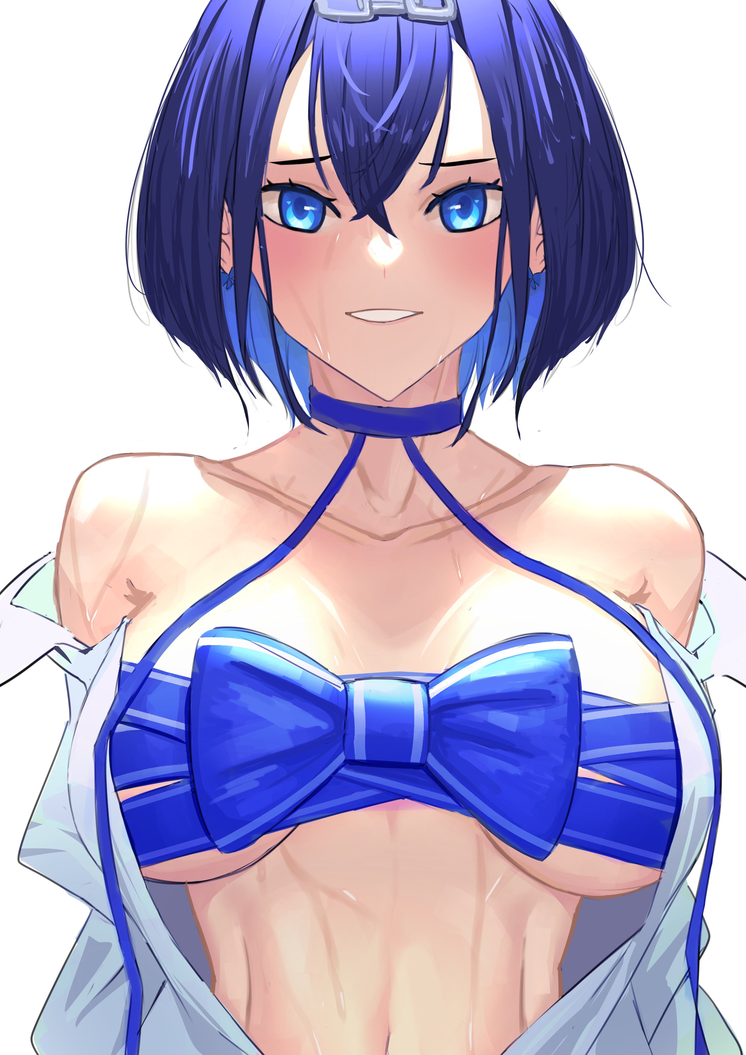 female, hololive, hololive english, hololive english -council-, hololive english -promise-, looking at viewer, loose clothes, otapic2, ouro kronii, ribbon, simple background, virtual youtuber