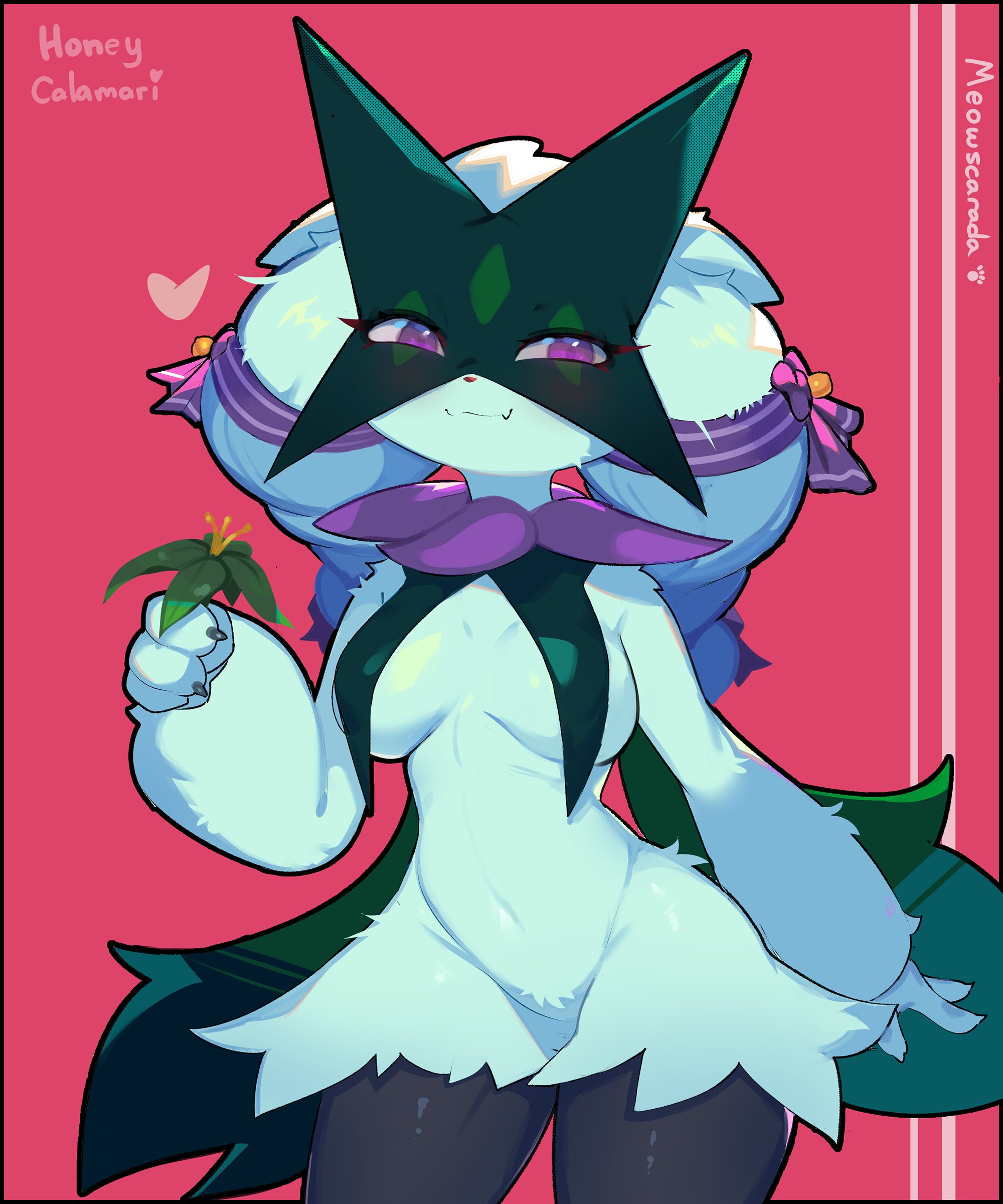 anthro, anthrofied, big breasts, breasts, featureless breasts, featureless crotch, feline, female, fur, furry, furry only, green body, green fur, heart, hi res, honeycalamari, meowscarada, nintendo, pokemon, pokemon (species), pokemon sv, solo