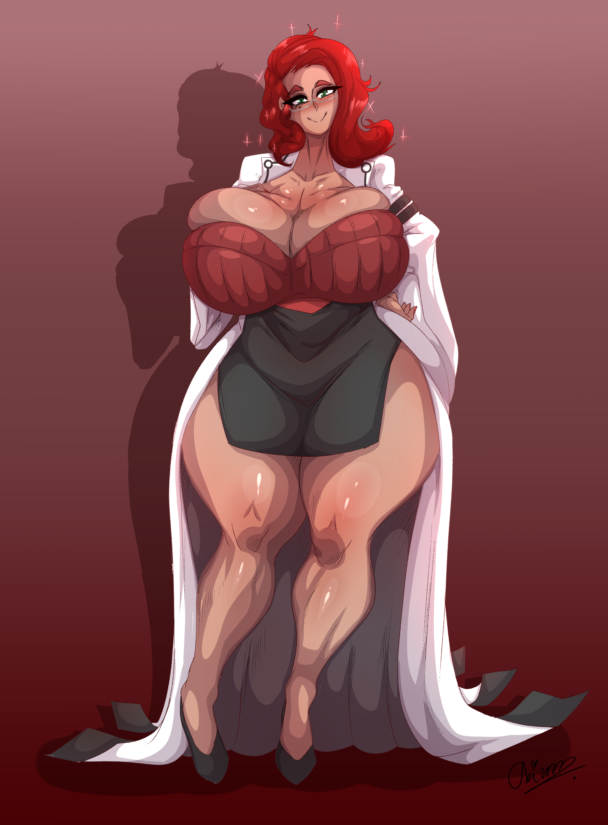ass, breasts, cleavage, commission, commissioner upload, curvaceous, female, full body, glasses, high heels, hip vent, huge ass, huge breasts, labcoat, miniskirt, okioppai, original character, plump, red hair, sweater, wide hips