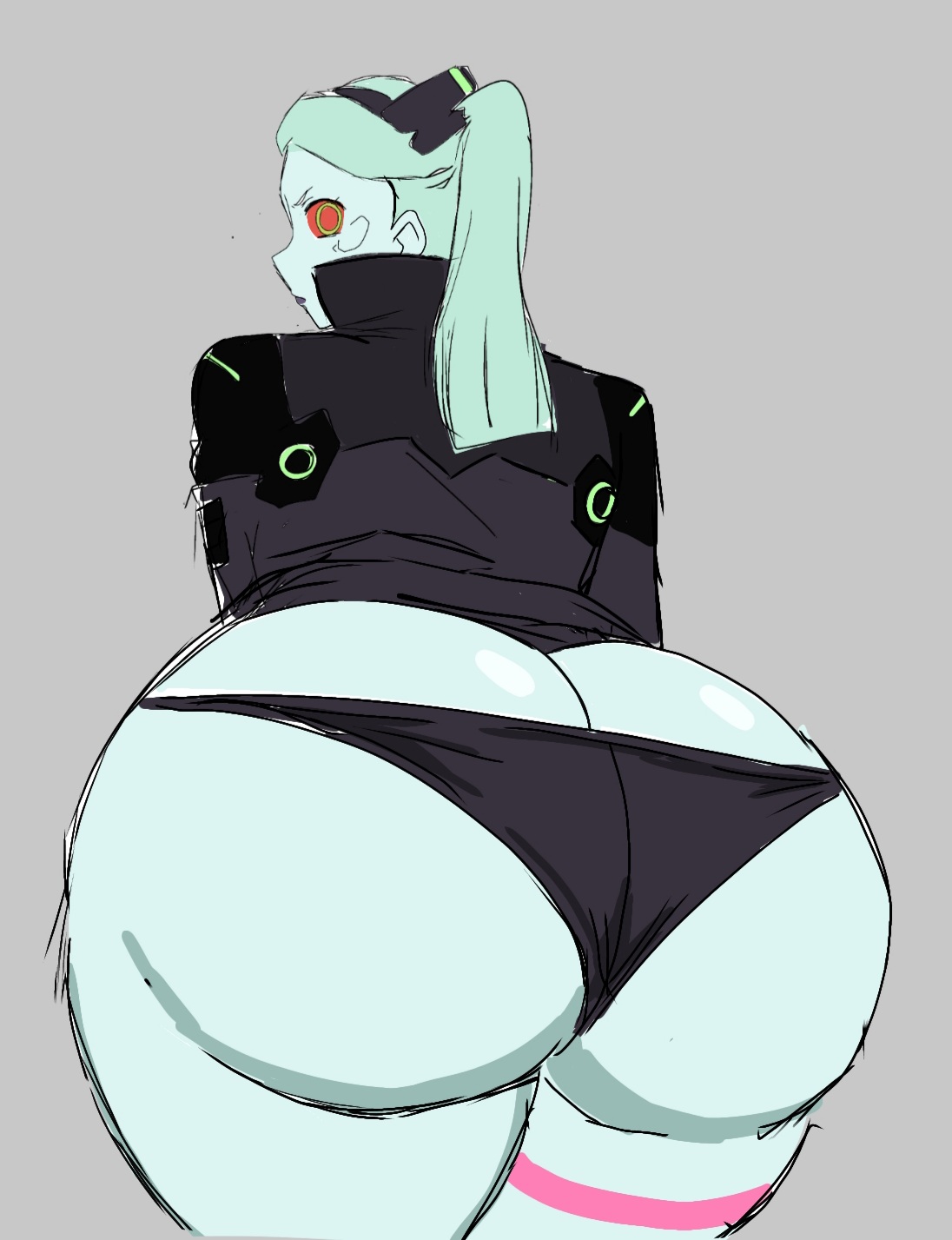 1girls, ass, ass cleavage, ass crack, back view, big ass, bubble ass, bubble butt, butt crack, clothing, cyberpunk: edgerunners, female, green hair, huge ass, huge butt, human, hyper ass, jacket, momiji (artist), outerwear, pale skin, rebecca (edgerunners), thick ass, thick thighs