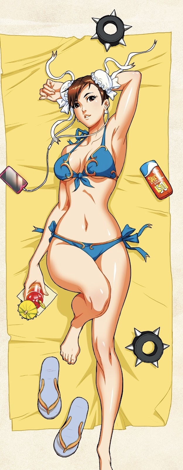 1girls abs armpits arnold_tsang athletic_female barefoot bikini breasts capcom cellphone chun-li dakimakura_(medium) deviantart earbuds female female_only fully_clothed lying lying_on_back on_back solo street_fighter swimsuit udon_entertainment