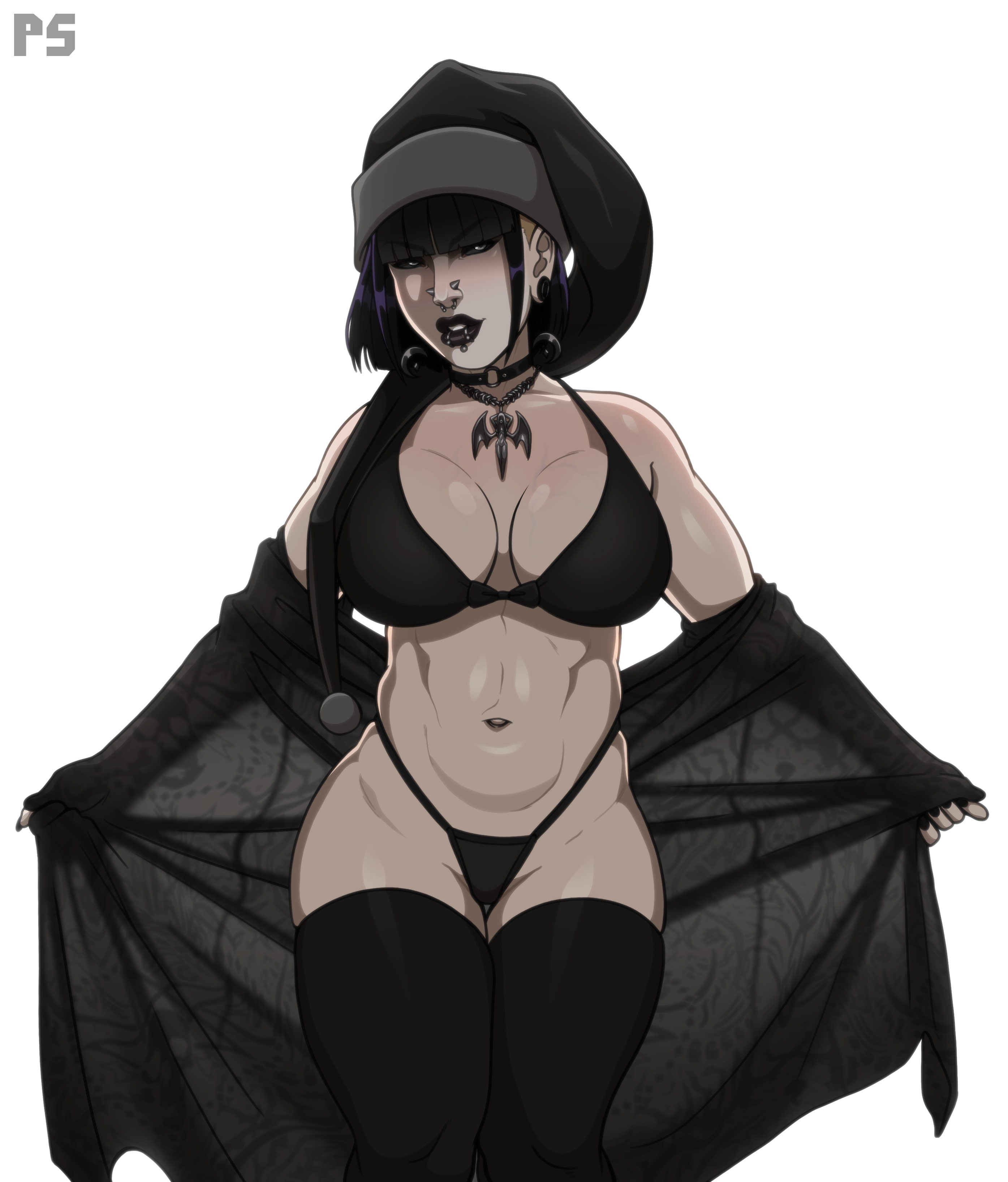 1girls, big breasts, black christmas, black hair, black lipstick, black sclera, black thighhighs, bra, breasts, choker, christmas, christmas headwear, female, female only, goth, lip piercing, looking at viewer, madeline zoldak, narrowed eyes, necklace, nose piercing, original, pumpkinsinclair, smiling at viewer, solo, thick thighs, thigh squish, thighhighs, thong, veil, very high resolution, white background, white eyes