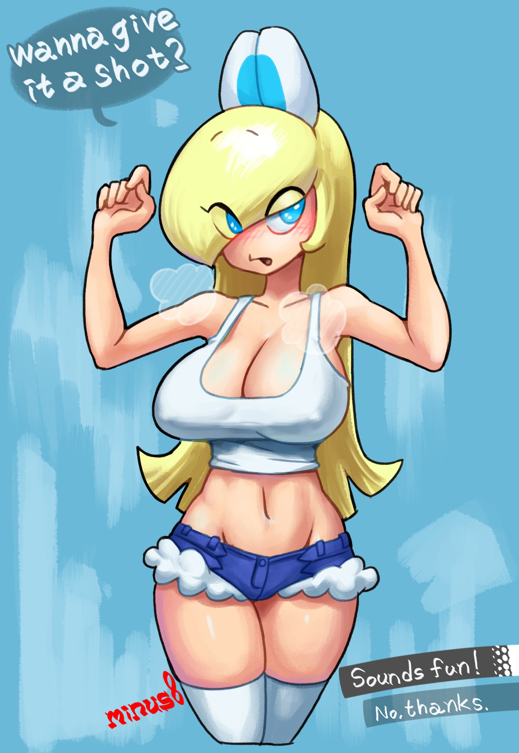 1girls, blue background, english text, female, female only, genderswap (mtf), heavy breathing, koopa, koopa girl, mario (series), minus8, nokoko (koopa), rule 63, snow hood koopa girl, solo, speech bubble, standing, tagme, text