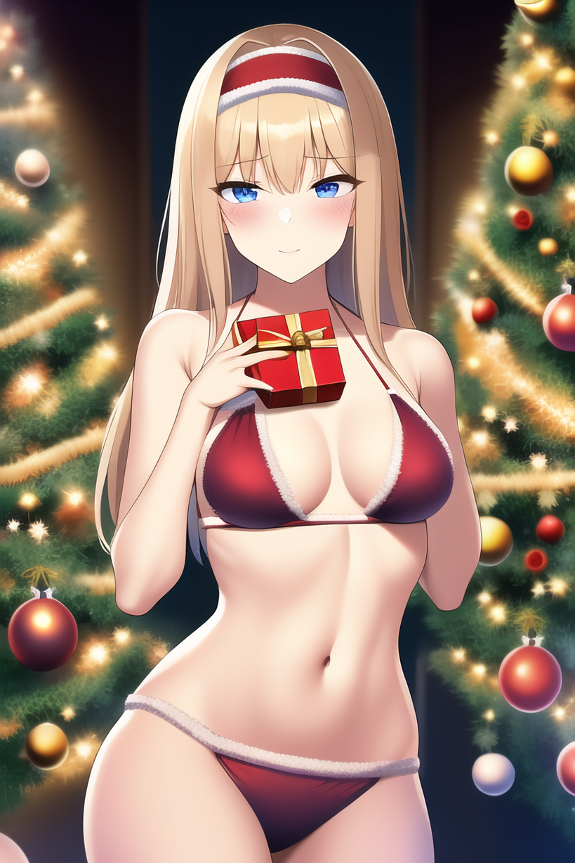 1girls ai_generated alice_schuberg alluring bikini blonde_hair blue_eyes christmas christmas_bikini christmas_tree female nai_diffusion nightcore_(artist) pointy_chin santa_bikini stable_diffusion sword_art_online