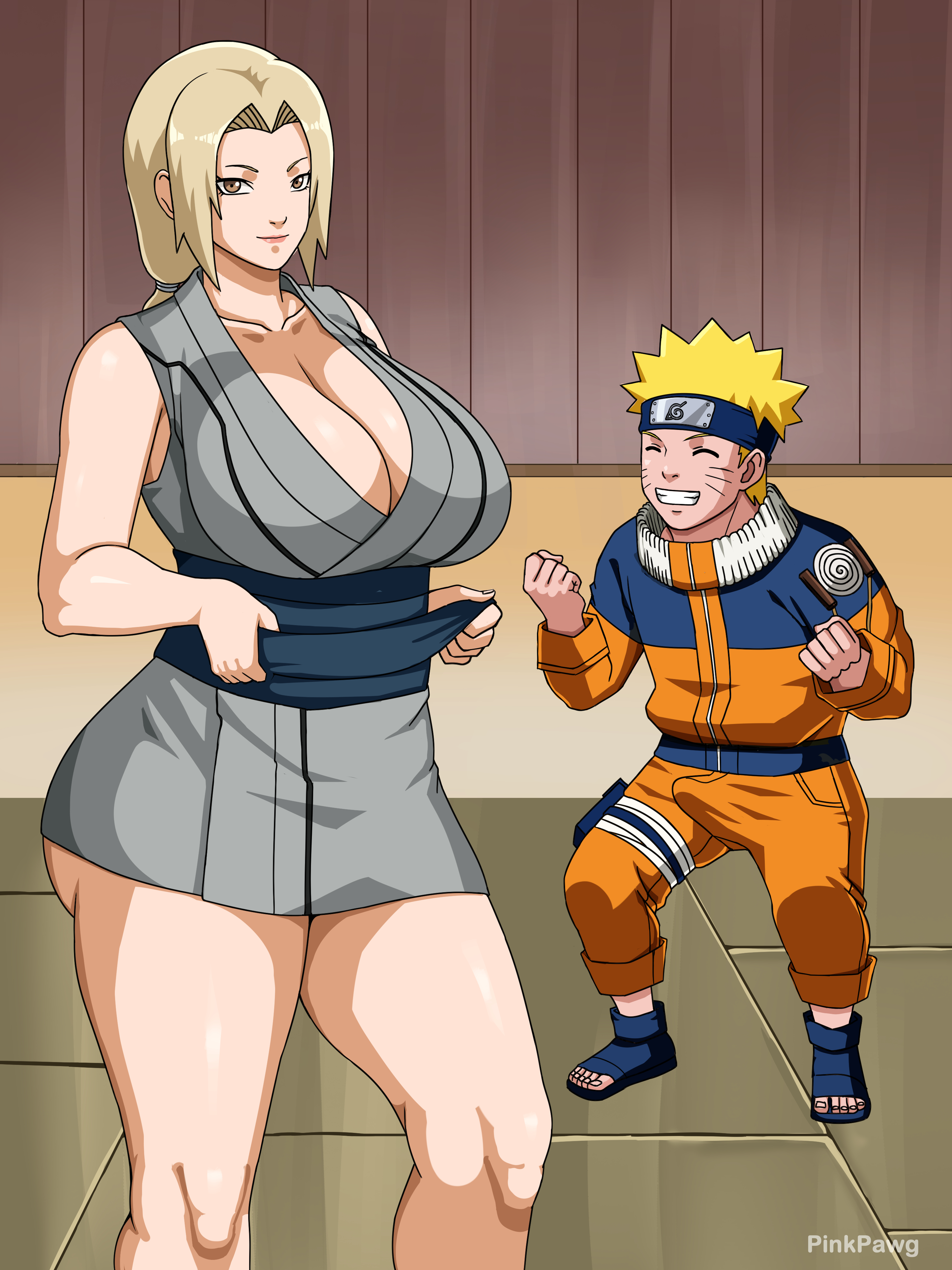 age difference, big breasts, blonde female, blonde hair, blonde male, breasts, erect penis, erection, excited, female, light skin, light-skinned female, light-skinned male, looking at viewer, male, mature, mature female, milf, naruto, naruto (classic), naruto (series), older female, penis, pinkpawg, smile, smiling, thick, thick thighs, tsunade, uzumaki naruto, younger male
