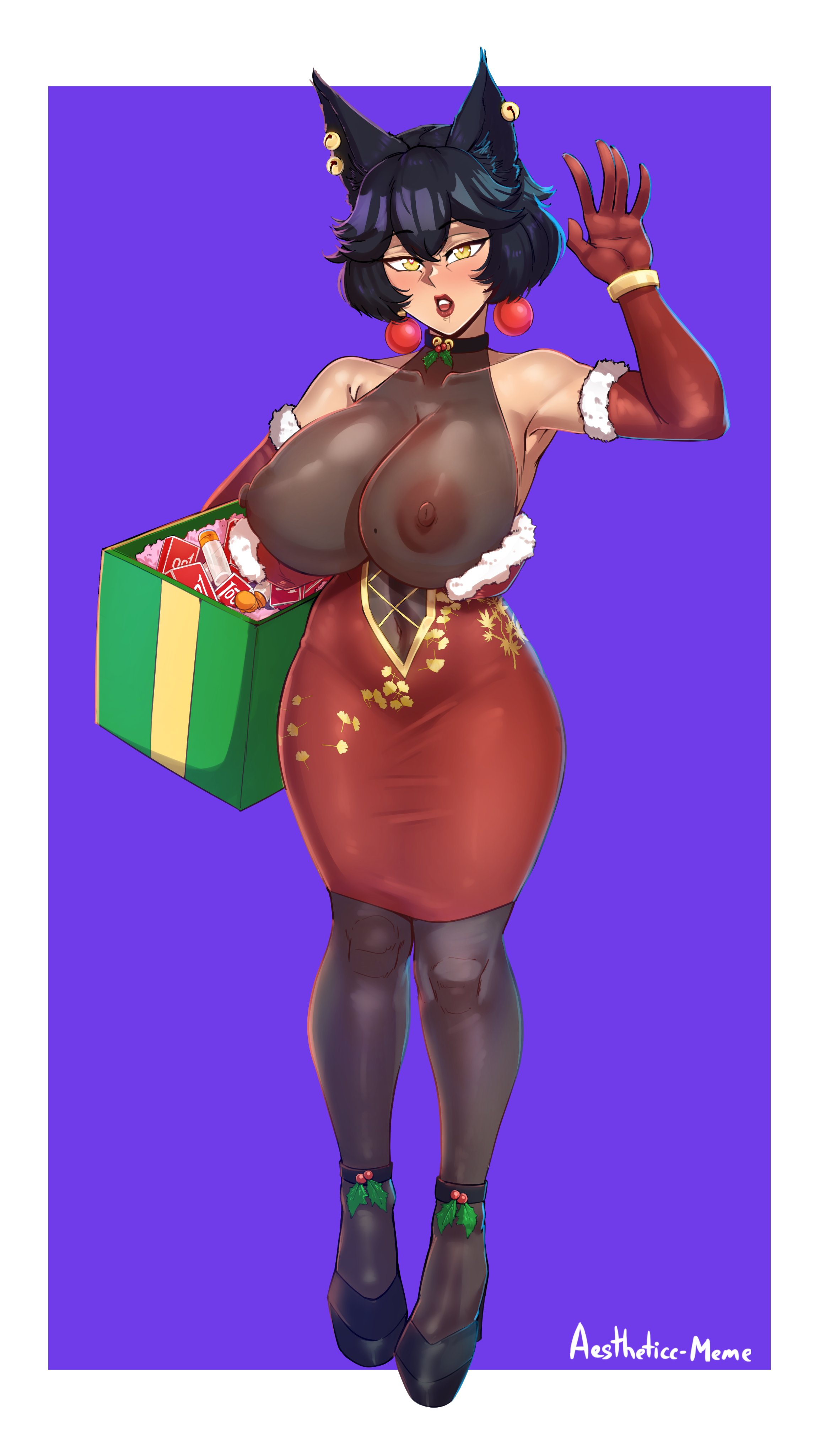 1girls, aestheticc-meme, black hair, breasts, breasts out, busty, cat ears, catgirl, christmas, christmas outfit, curvy, dress, earrings, faunus, female, heart-shaped pupils, kali belladonna, kemonomimi, long gloves, mature female, milf, mistletoe, present, rwby, short hair, yellow eyes