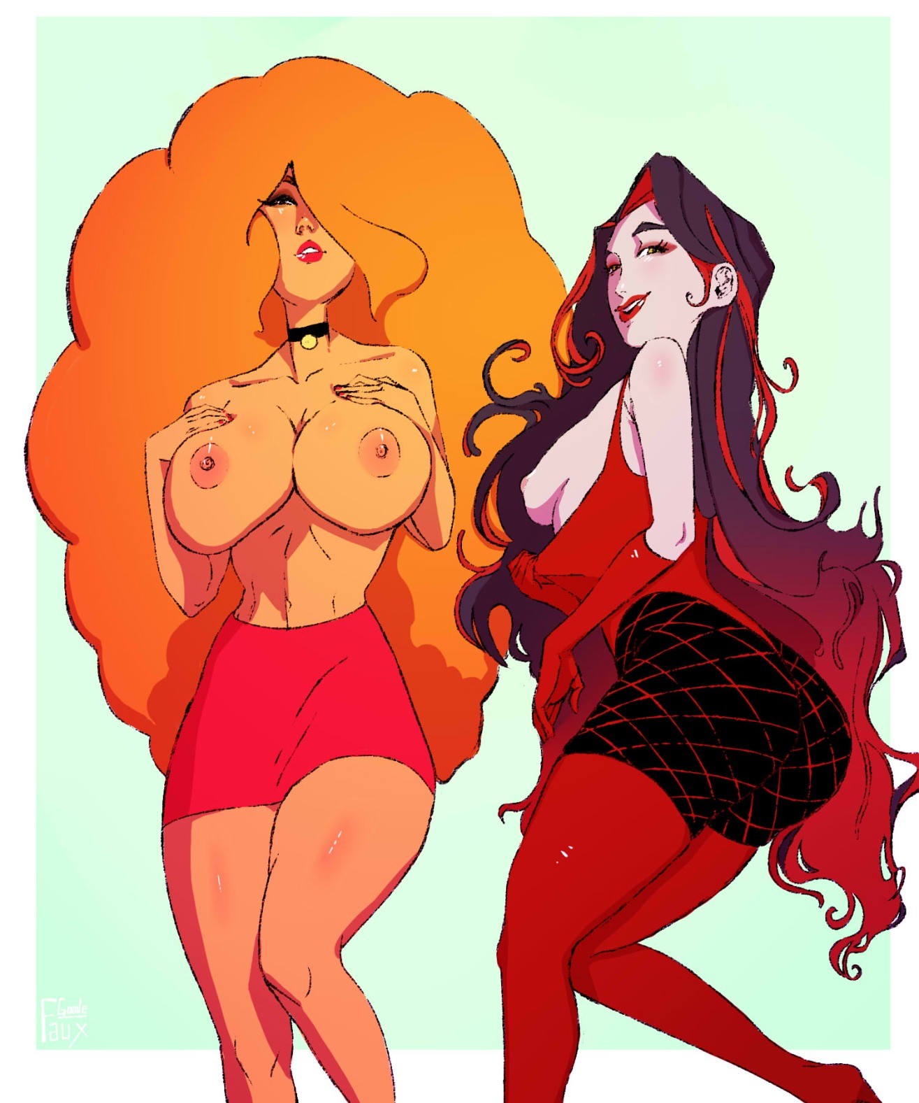 2girls, ass, big breasts, breasts, choker, duo, female, female only, fuax goode, hair over one eye, lipstick, nipples, pale skin, powerpuff girls, red hair, sara bellum, sedusa, skirt, topless, very long hair, yuri
