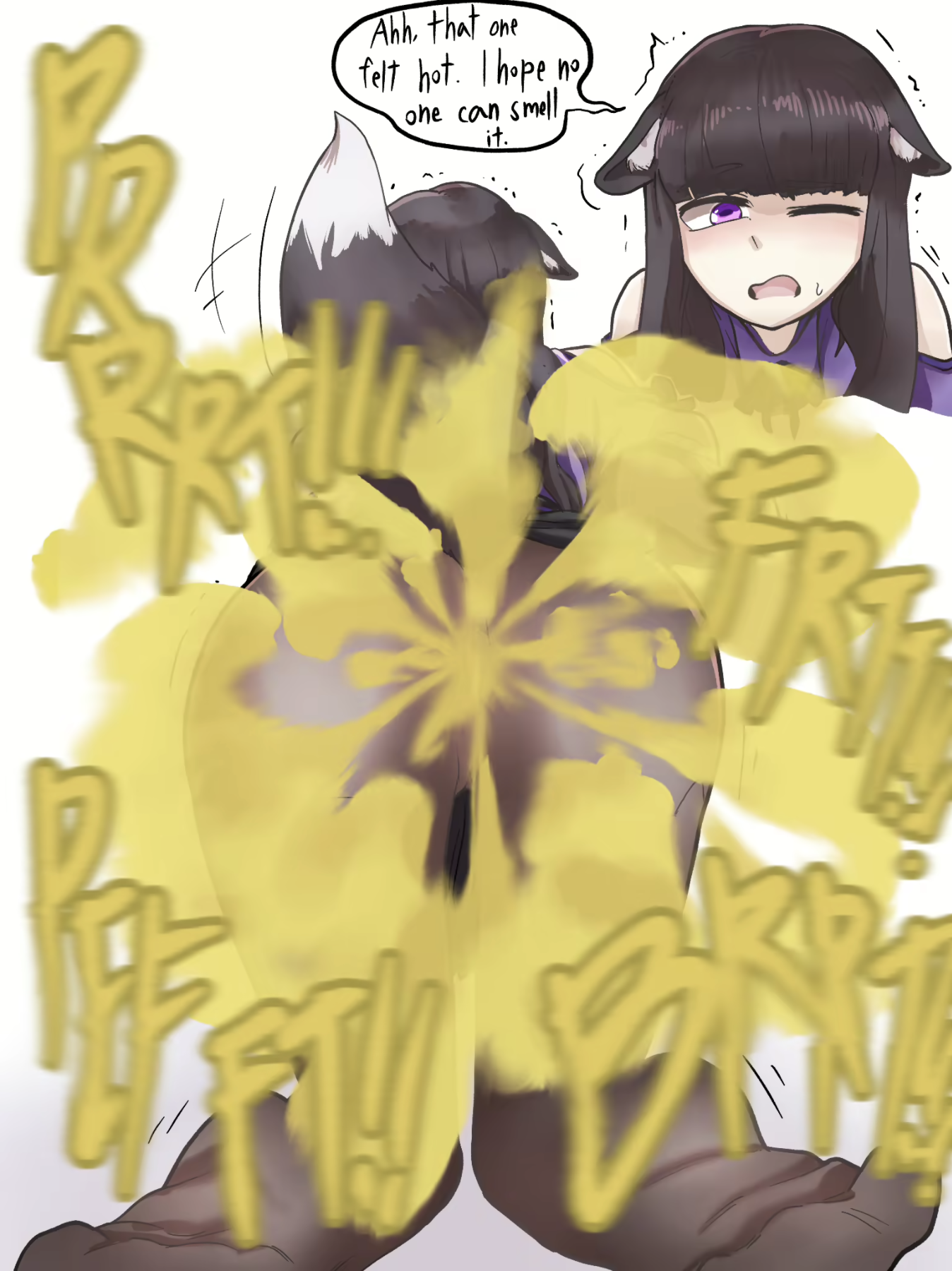 1girls, ass, ass focus, embarrassed, fart, farting, farting at viewer, female, female only, fox ears, fox girl, fox tail, gasbox, leggings, looking away, purple eyes, sweat, text, text bubble, trembling, tsuki (raki991), white background