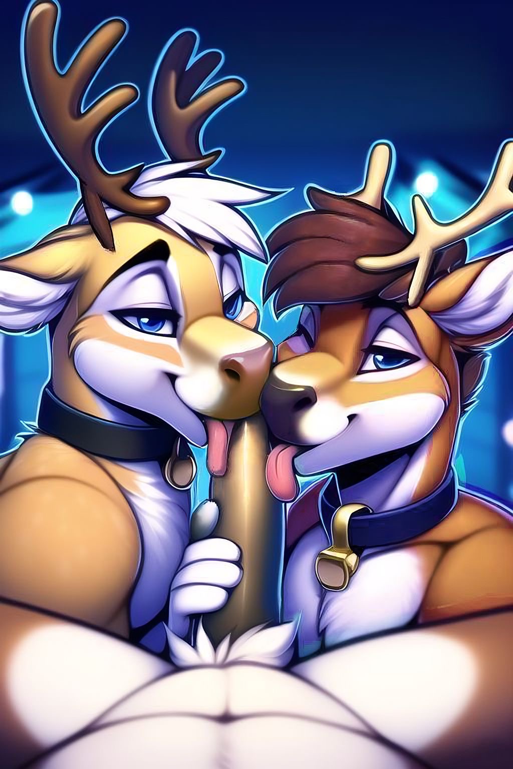 ai generated, anthro, antlers, bedroom eyes, collar, fellatio, femboy, first person view, furry, gay, licking, licking penis, looking at viewer, male, male only, male/male, nai diffusion, original, penis, penis lick, pov, pov eye contact, reindeer, seductive, smile, stable diffusion, threesome, wink, yaoi