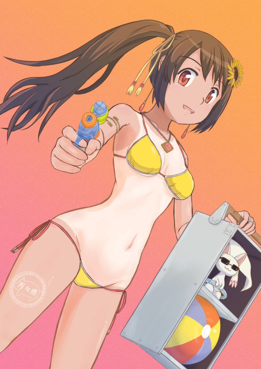 aiming_at_viewer armlet ball bangs beachball bikini breasts brown_hair dutch_angle earrings female flower gradient gradient_background hair_flower hair_ornament halterneck highres holding holding_water_gun human jewelry keicha_(kmoekaki) long_hair looking_at_viewer magia_record:_mahou_shoujo_madoka_magica_gaiden mahou_shoujo_madoka_magica medium_breasts navel necklace one-piece_tan open_mouth orange_eyes side-tie_bikini_bottom side_ponytail small_kyubey solo stomach string_bikini sunflower_hair_ornament swimsuit tan tanline water_gun yellow_bikini young yui_tsuruno