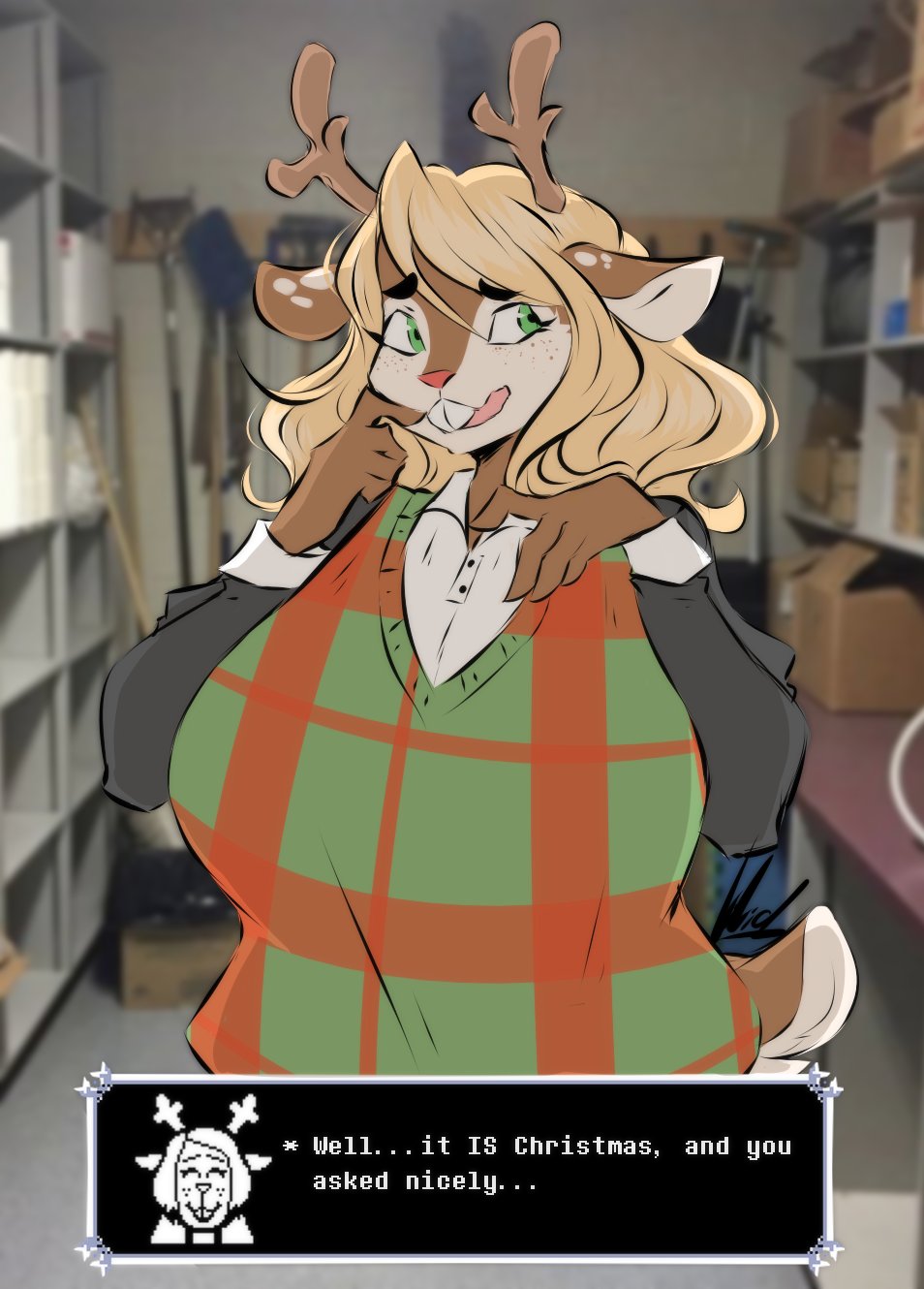 1girls, 2d, anthro, anthro female, anthro only, big breasts, breasts, deltarune, dullvivid, female, female only, furry, furry female, furry only, humanoid, humanoid female, humanoid only, mammal, mammal humanoid, noelle holiday, solo, undertale (series)