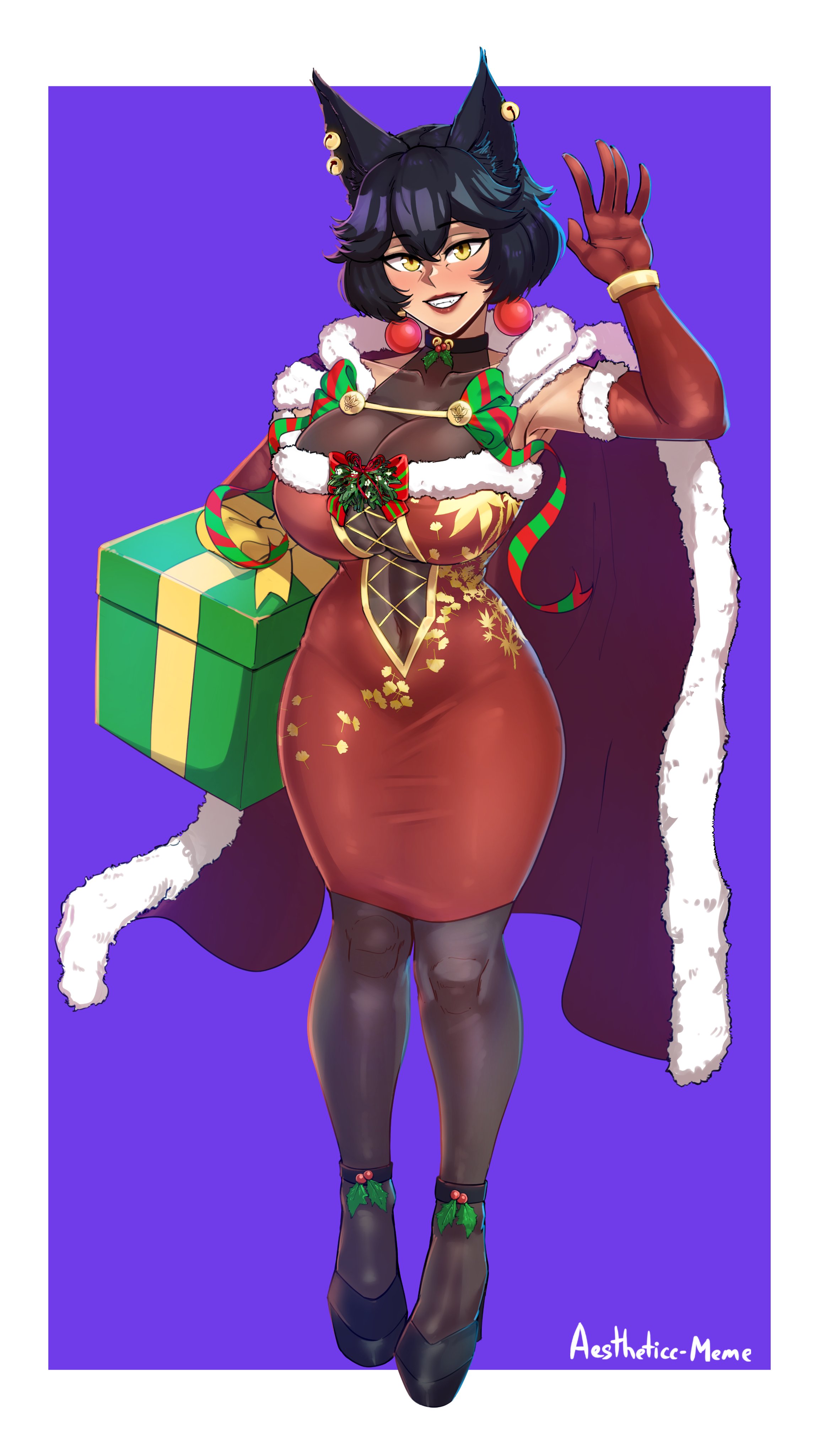 aestheticc-meme, black hair, breasts, busty, cape, cat ears, christmas, christmas outfit, curvy, dress, earrings, faunus, female, kali belladonna, long gloves, milf, mistletoe, present, rwby, yellow eyes