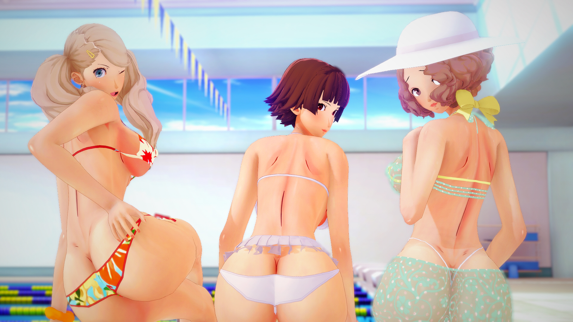 3d, 3girls, ann takamaki, ass, beach, big ass, big butt, bikini, breasts, female, female only, haru okumura, huge breasts, makoto niijima, panties, persona, persona 5, sweat, sweating