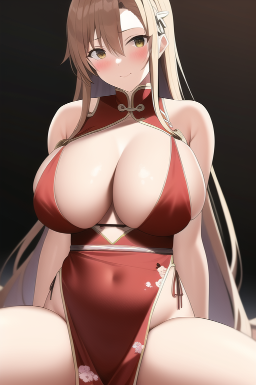 1girls ai_generated alluring big_breasts blonde_hair brown_eyes chinese_dress cleavage female nai_diffusion nightcore_(artist) stable_diffusion sword_art_online yuuki_asuna