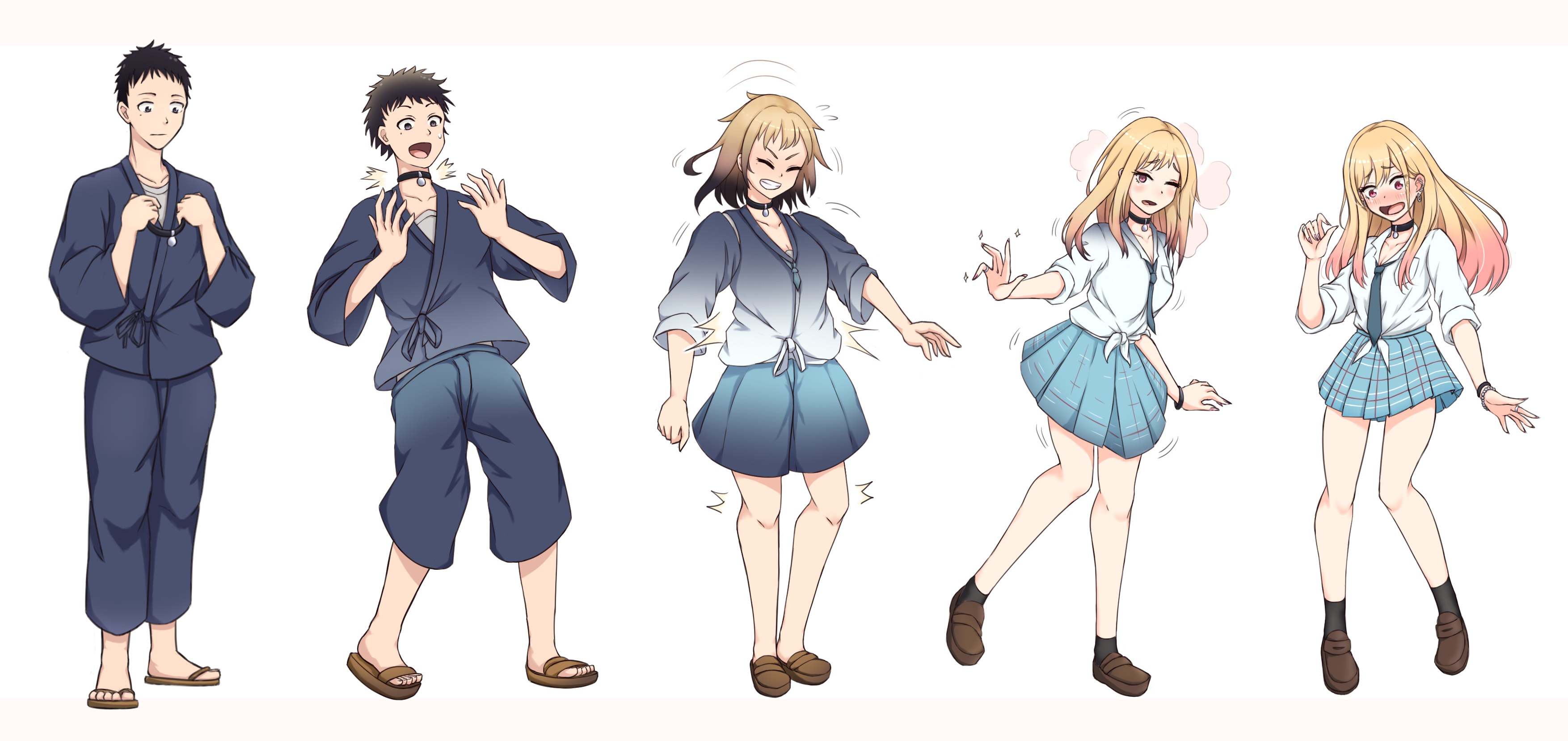 1boy, 1girls, ankle socks, anklehighs, black socks, blonde hair, brown loafers, choker, female, gojou wakana, gyaru, gyarufication, kitagawa marin, loafers, male, mtf transformation, rule 63, school uniform, socks, sono bisque doll wa koi wo suru, tagme, transformation, transformation sequence, unmeiyuu