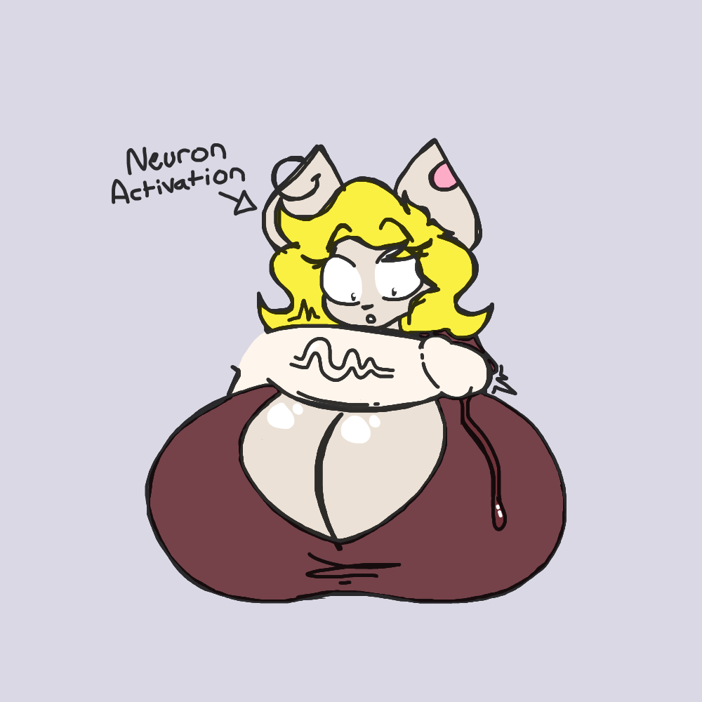 amanda_(flufflewdzthings) anthro bandage big_breasts big_penis blonde_hair bodily_fluids breasts cleavage clothed clothing domestic_cat dripping duo ear_piercing ear_ring felid feline felis female flufflewdzthings genital_fluids genitals hair huge_breasts hyper hyper_breasts looking_at_genitalia looking_at_penis mammal meme neuron_activation penis penis_awe piercing precum precum_drip precum_on_breasts ring_piercing simple_background unseen_character vein veiny_penis