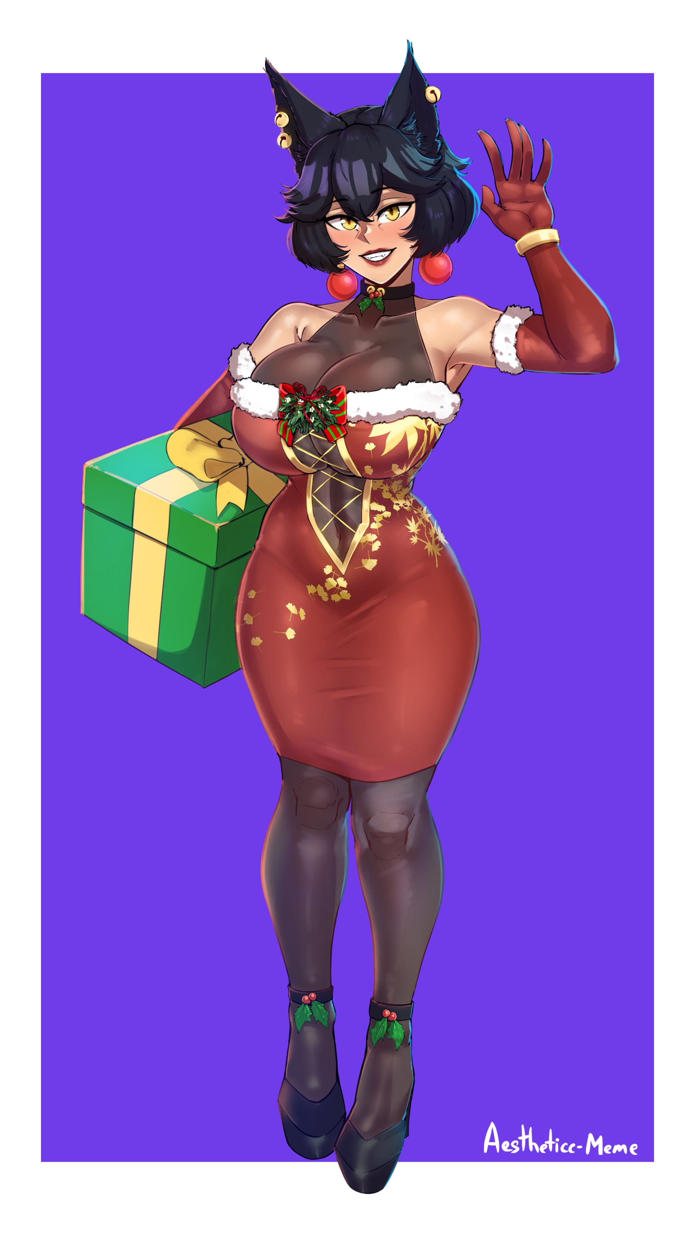 aestheticc-meme, black hair, breasts, busty, cat ears, catgirl, christmas, christmas outfit, curvy, dress, earrings, faunus, female, kali belladonna, kemonomimi, long gloves, mature female, milf, mistletoe, present, rwby, short hair, yellow eyes