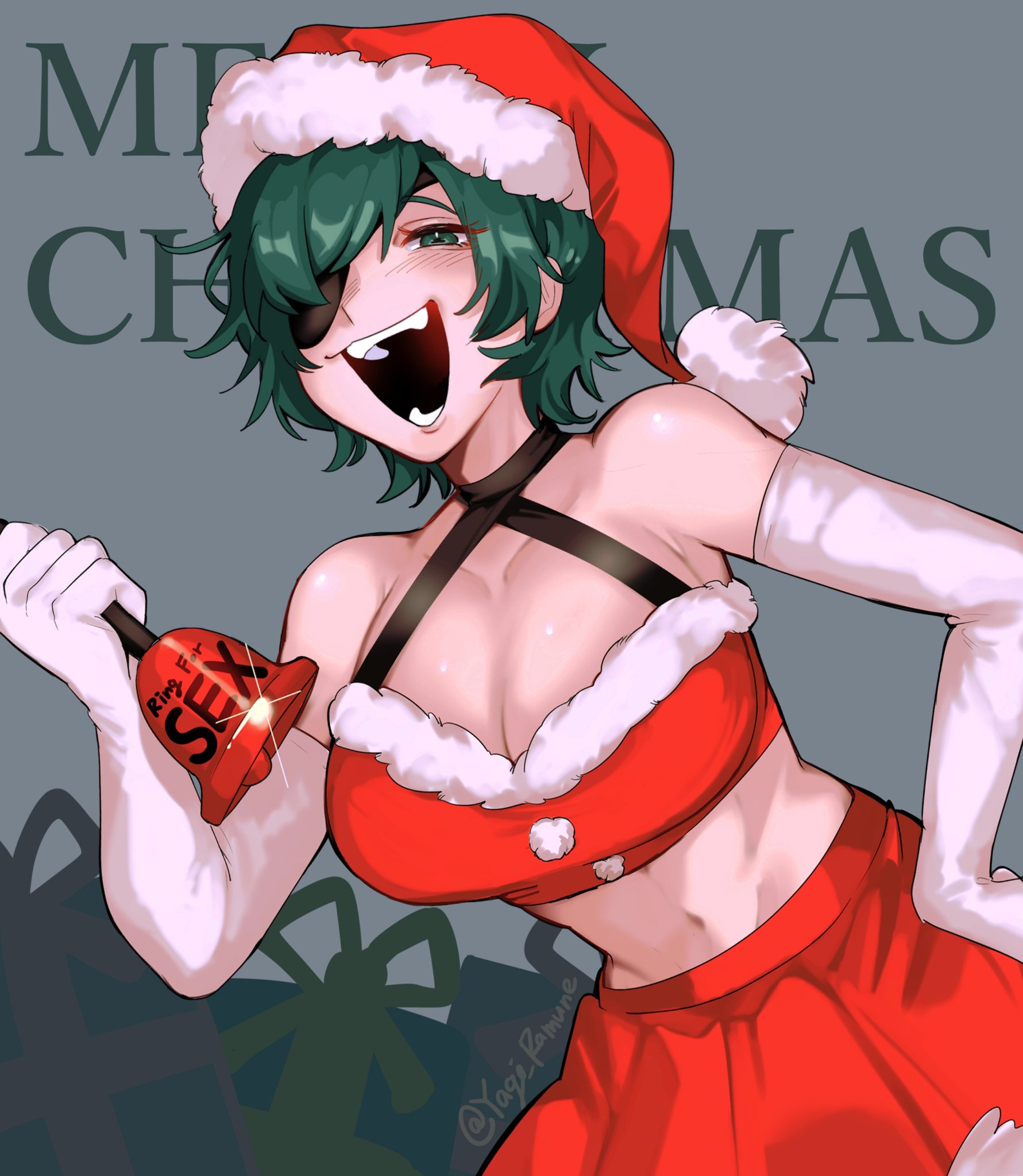 1girls, bell, big breasts, breasts, calling for sex, chainsaw man, christmas, cleavage, eyepatch, female, female only, himeno (chainsaw man), inviting to sex, mappa, merry christmas, midriff, navel, yagi ramune