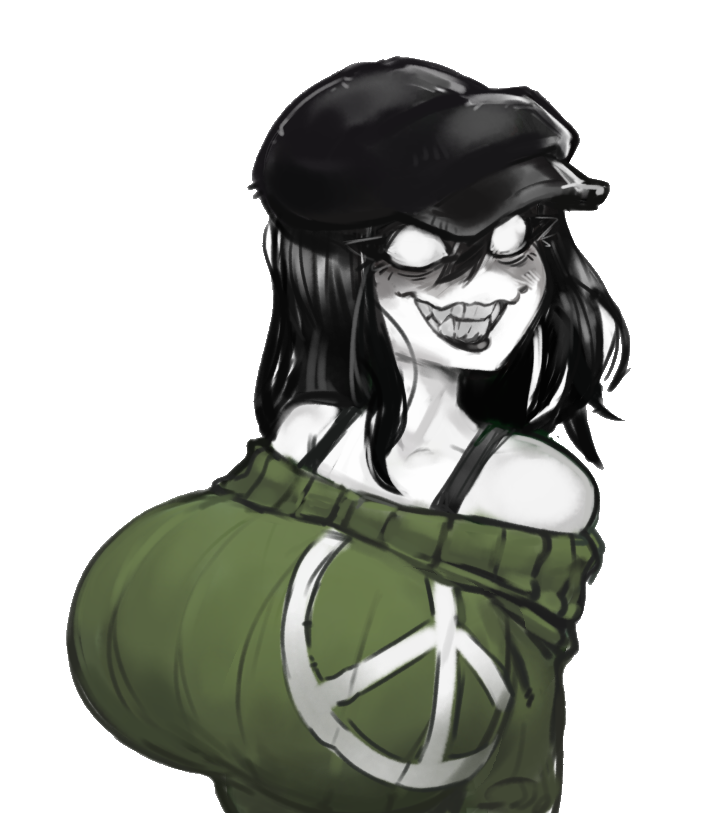 alpha_channel bare_shoulders big_breasts black_hair black_lipstick bra_strap bulging_breasts bust busty cabbie_hat clothed_female creepette_(sleeplesscreeper) empty_eyes evil_grin evil_smile green_sweater grin headwear huge_breasts large_breasts monster_girl newsboy_cap no_nose off_shoulder pale-skinned_female pale_skin png sharp_teeth straps sweater transparent_background undead upper_body white-skinned_female white_eyes white_sclera white_skin zer0ember