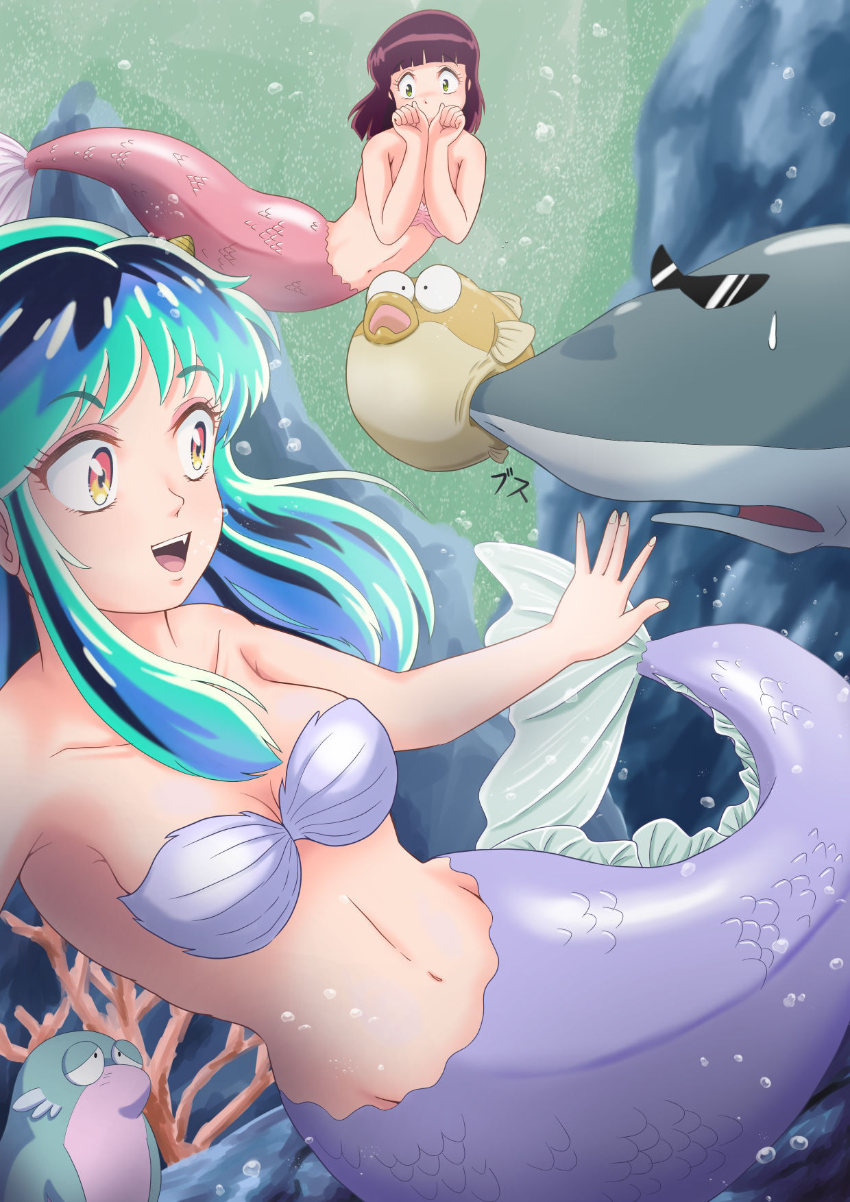 2girls air_bubble breasts bubble cleavage coral female female_only fish_girl fish_tail green_eyes green_hair highres horns kneeless_mermaid lum medium_breasts mermaid mermaid_girl mermaid_tail mermaid_transformation monster_girl monsterification multiple_girls navel oni_horns red_hair shinobu_miyake sunglasses sweatdrop underwater urusei_yatsura yellow_eyes