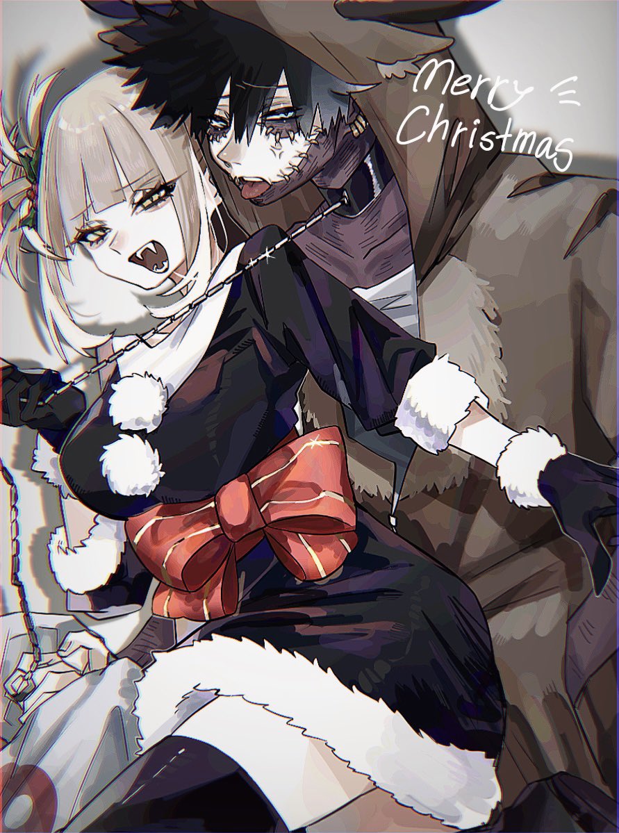 1boy 1girls artist_request bow_ribbon busty christmas christmas_clothing christmas_outfit collar dabi fangs female femdom himiko_toga leash leash_and_collar leash_pull my_hero_academia open_mouth reindeer_costume scars short_dress thighhighs todoroki_touya toga_himiko touya_todoroki villain