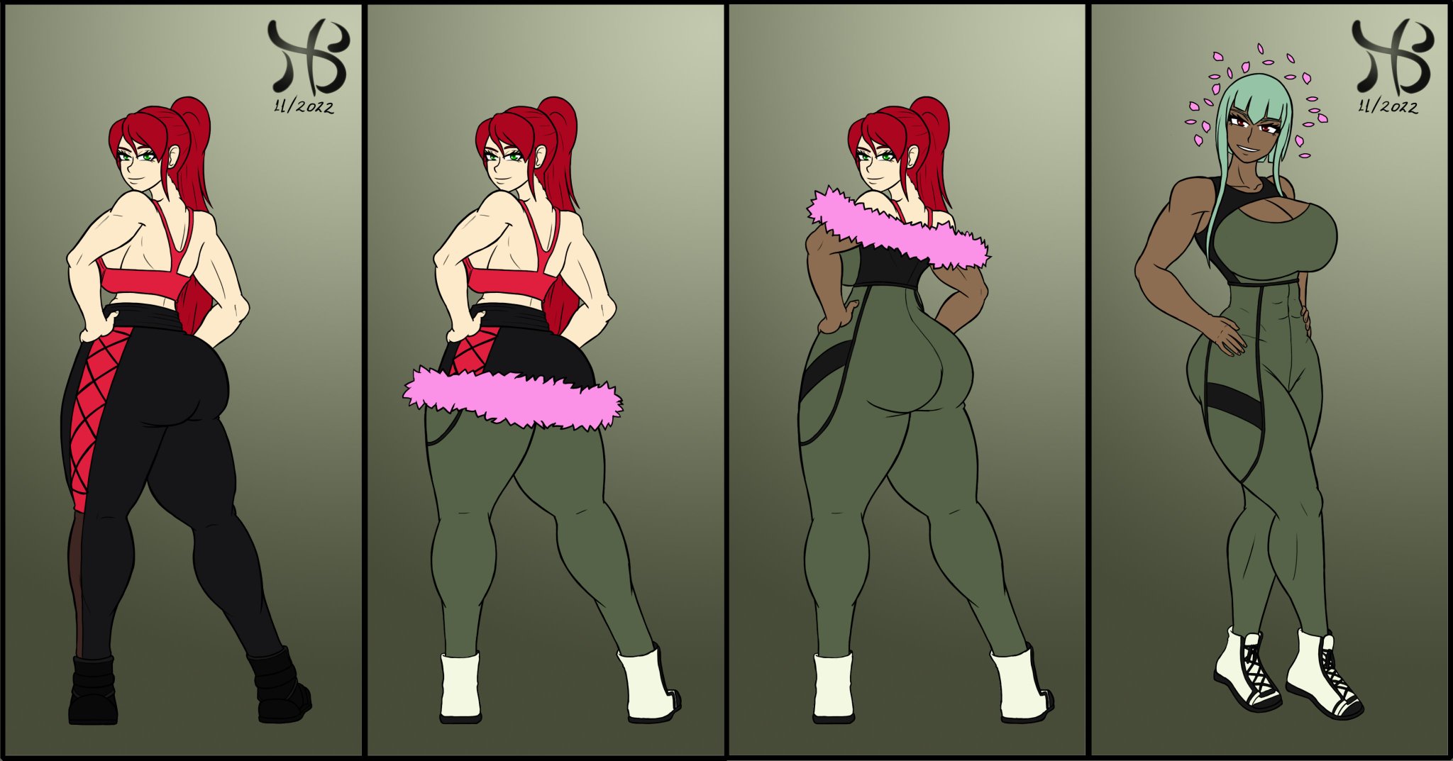 2girls, commission, commissioner upload, emerald sustrai, female, female only, hiastobasement (artist), multiple females, multiple girls, muscular, muscular female, neo (rwby), pyrrha nikos, rwby, transformation