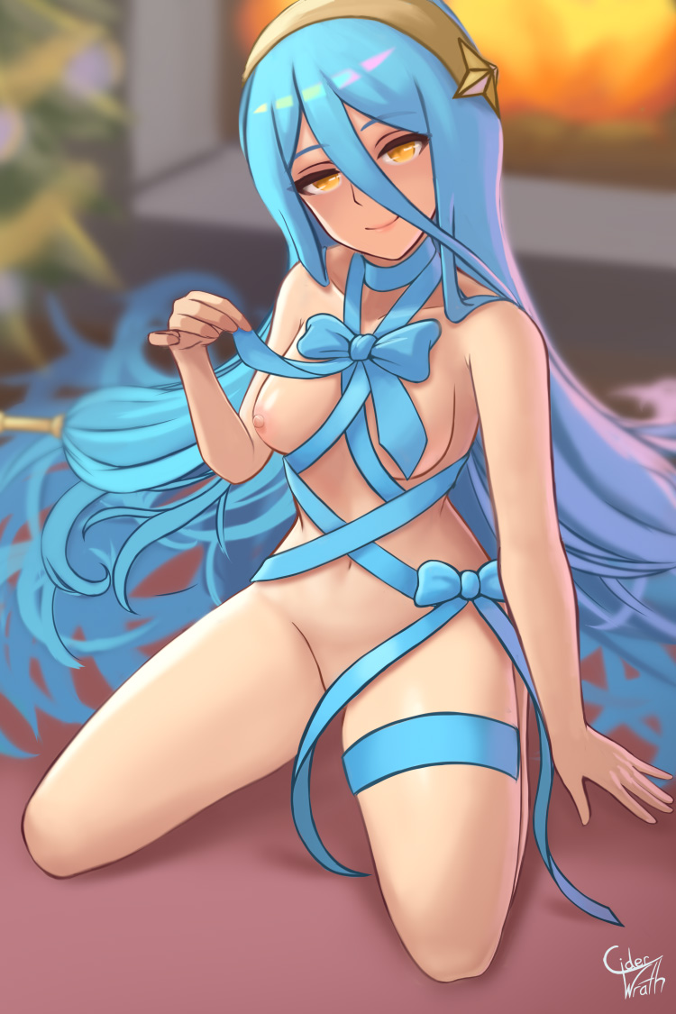 1girls absurdly_long_hair asymmetrical_clothes asymmetrical_legwear azura_(fire_emblem) bare_legs bare_shoulders bare_thighs blue_hair breasts christmas christmas_outfit ciderwrath clothes_lift collarbone completely_nude female female_only fire fire_emblem fire_emblem_fates flashing gift hair_between_eyes hairband indoors kneeling legs lifted_by_self light_blue_hair long_hair looking_at_viewer medium_breasts naked_ribbon naughty_face nintendo nude nude_female presenting presenting_breasts ribbon seductive seductive_smile shoulders sideboob smile solo star teasing thighs tree underboob very_long_hair yellow_eyes