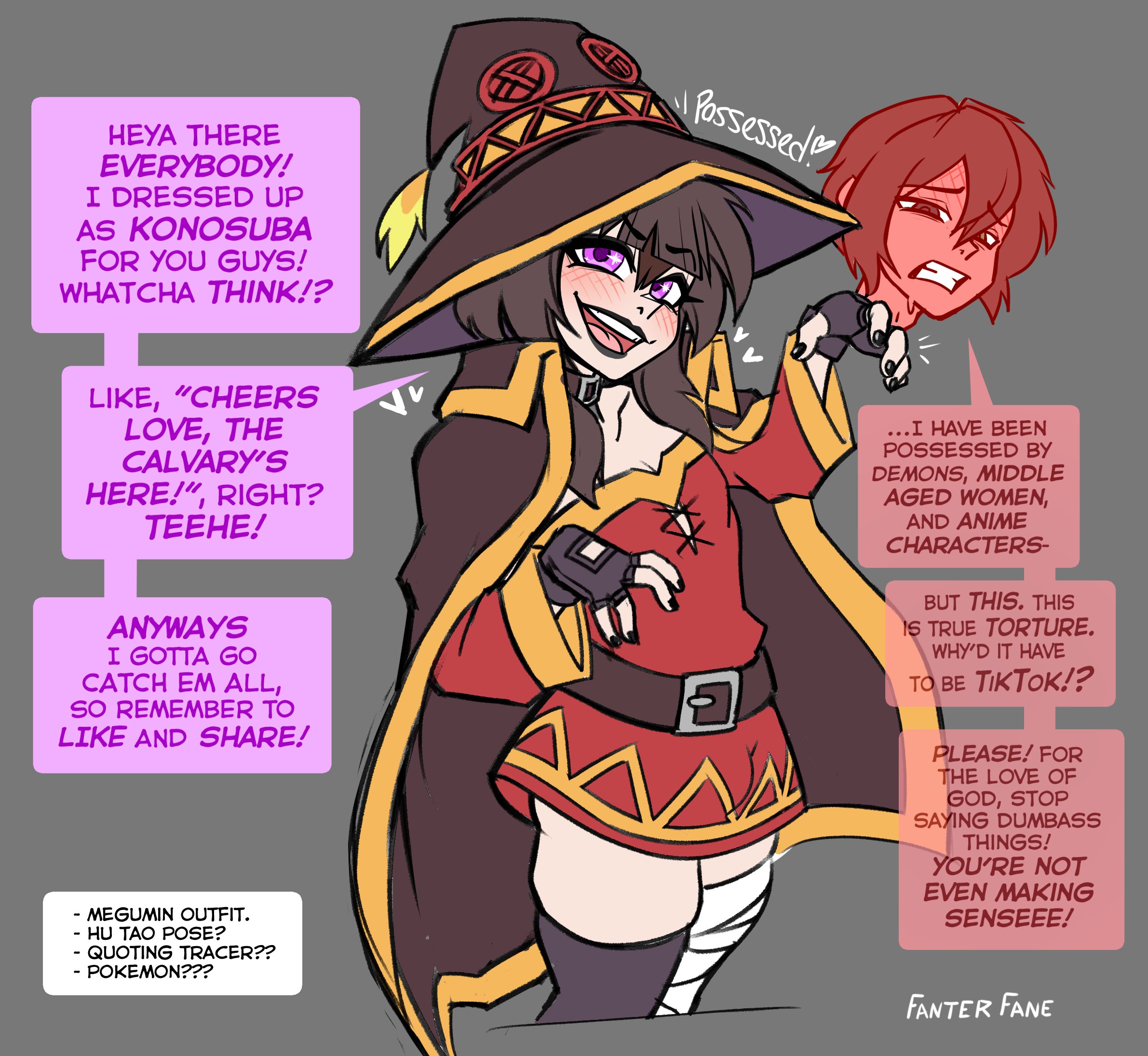 cosplay, fanterfane, kono subarashii sekai ni shukufuku wo!, megumin (cosplay), open mouth, original character, possession, speech bubble, tagme, tiktok, transformation