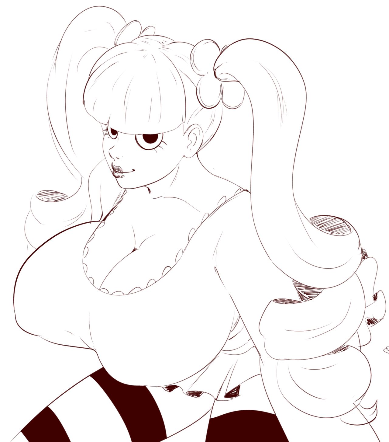 1girls, big breasts, big eyes, black and white, breasts, curly hair, female, female only, ghost girl, hair ornament, lipstick, long hair, long sleeves, looking back, monochrome, no bra, one piece, perona, ponytail, skirt, smiling, solo, solo female, solo focus, striped legwear, sunnysundown, thighhighs
