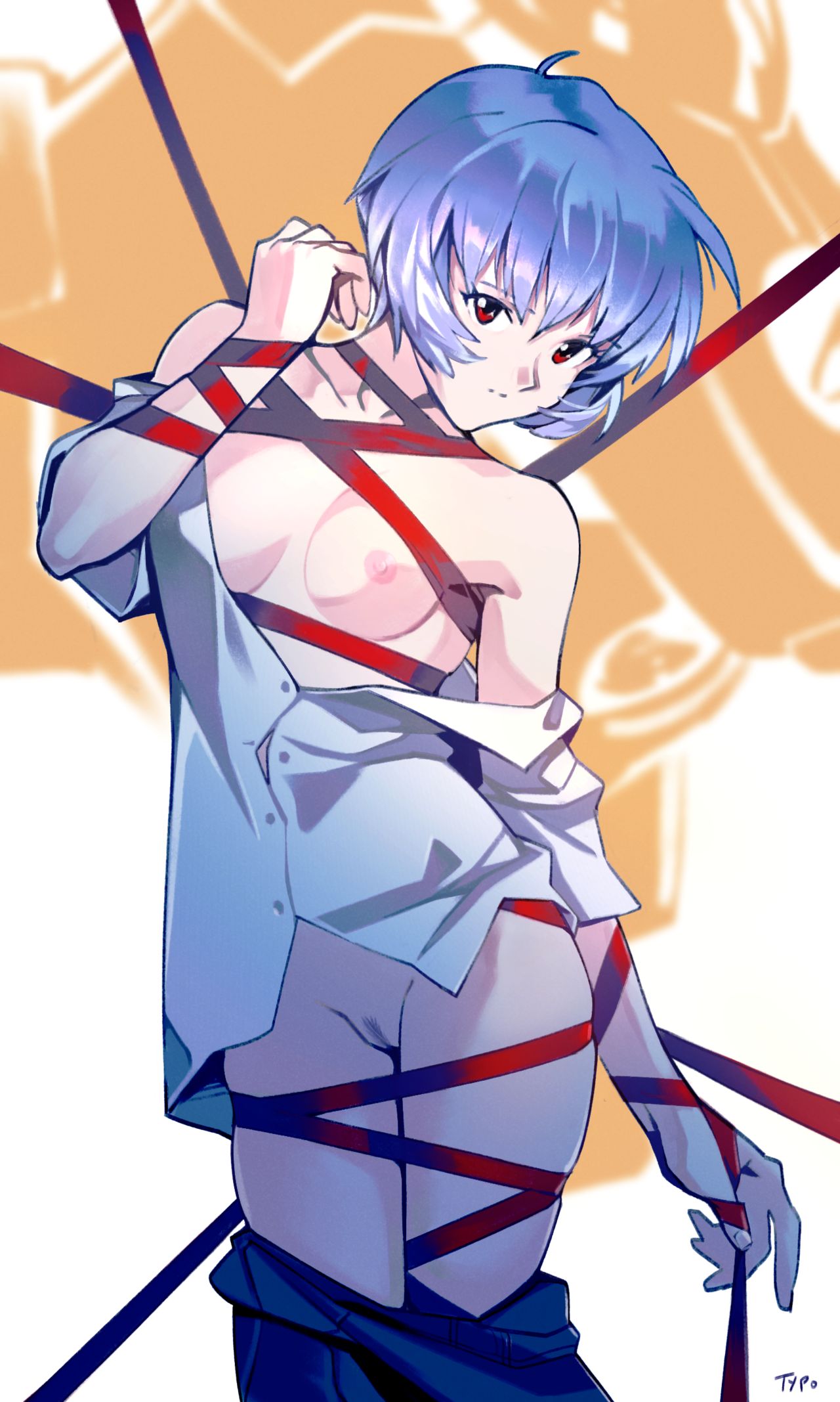 1girls, blue hair, bondage, bottomless, bound, breasts, female, female only, looking at viewer, neon genesis evangelion, nipples, optionaltypo, pants down, red ribbon, rei ayanami, restrained, ribbon, ribbon bondage, simple background, small breasts, solo, solo female, tagme